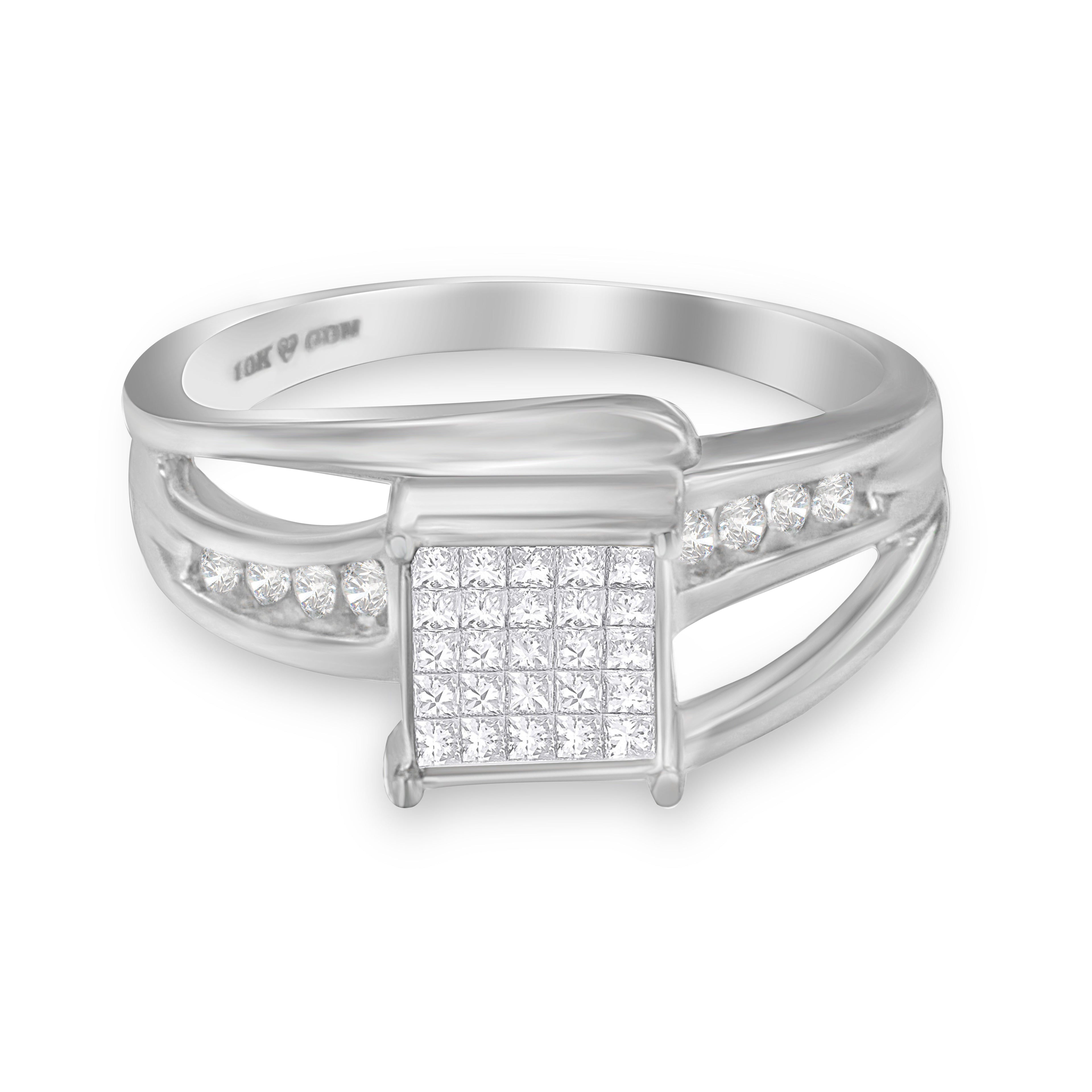 10K White Gold 1/3 Cttw Invisible Set Princess-cut Diamond Cluster Bypass Ring (H-I Color, SI1-SI2 Clarity) - Ring Size 7 by Bids.com