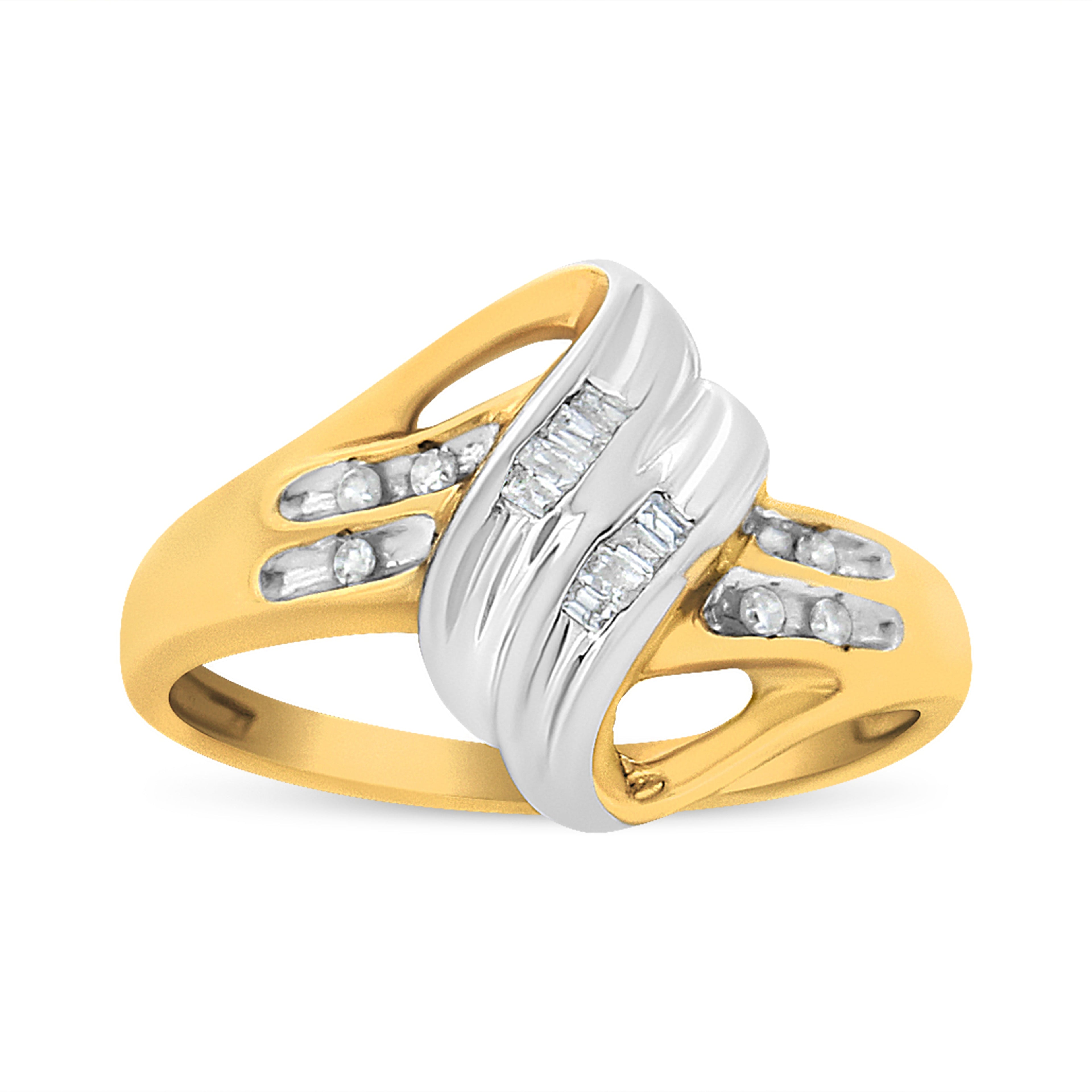 10K Yellow and White Gold 1.00 Cttw Round And Baguette-Cut Diamond Accent Bypass Ring (H-I Color, I2-I3 Clarity) - Ring Size 7 by Bids.com