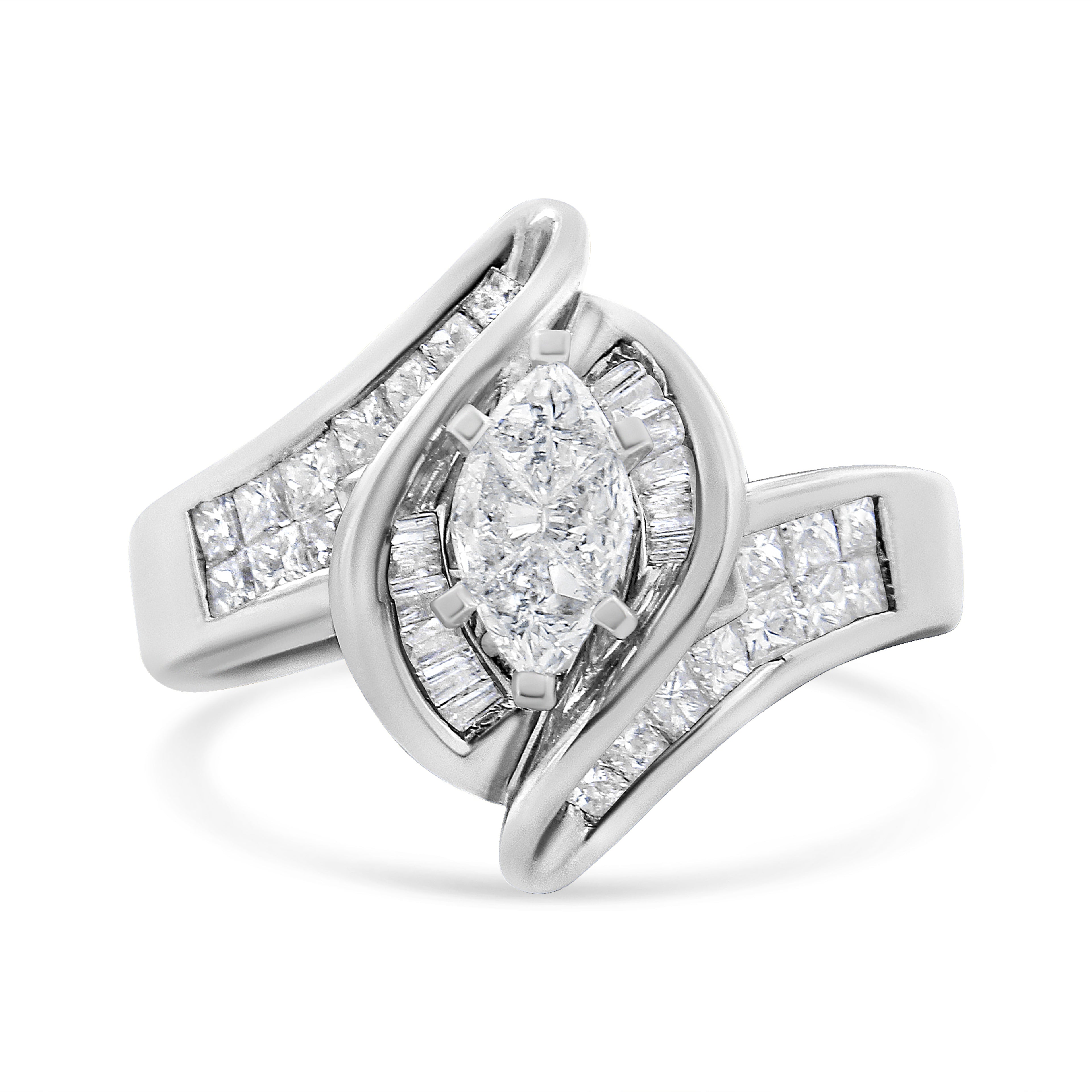 14K White Gold 1 1/4 Cttw Pie, Baguette and Princess cut Diamond Marquise Shape Engagement Cocktail Ring (H-I Color, SI2-I1 Clarity) DestGlow