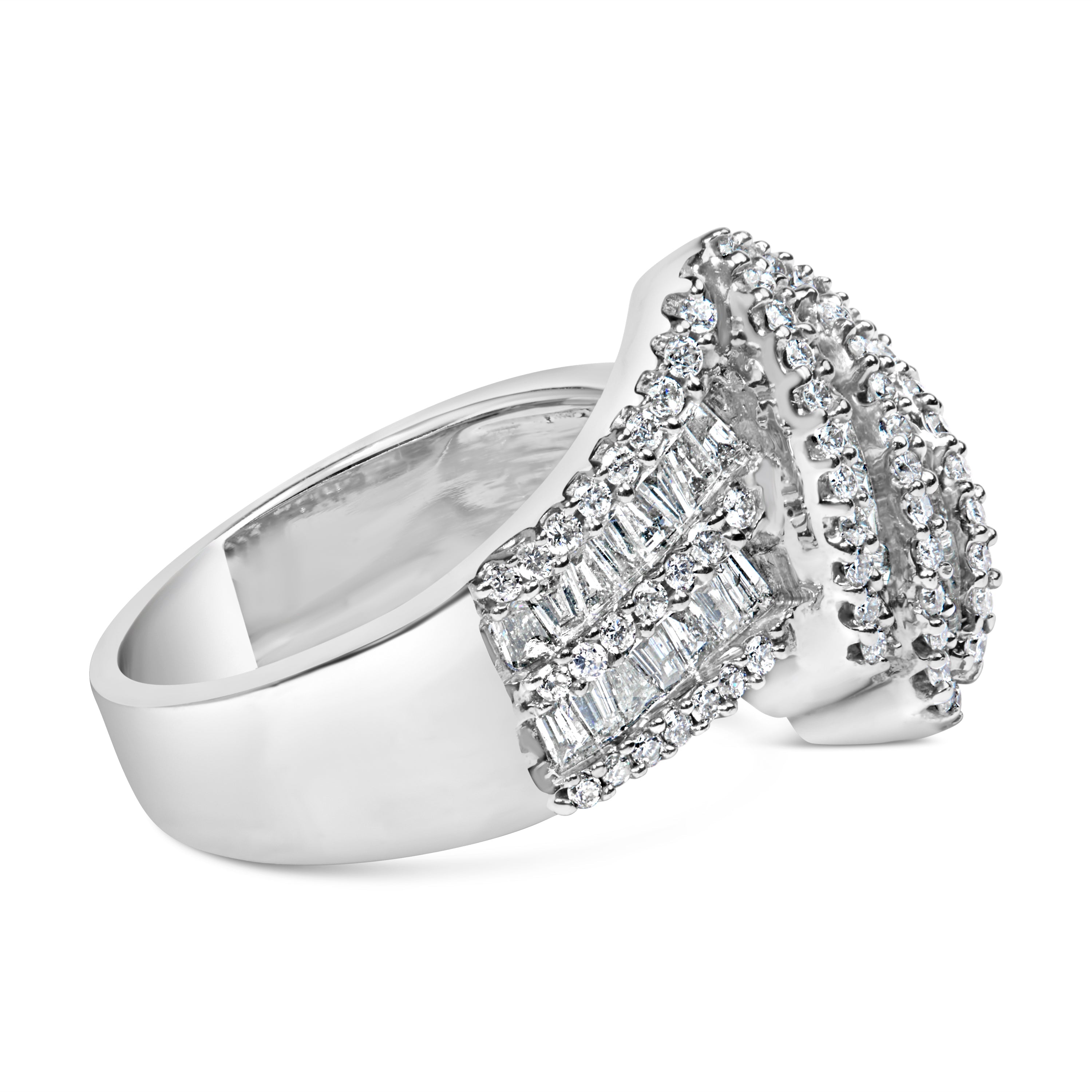 14K White Gold 1-1/2 Cttw Round and Baguette Diamond Bypass Cocktail Ring Band (H-I Color, SI1-SI2 Clarity) - Size 7 by Bids.com