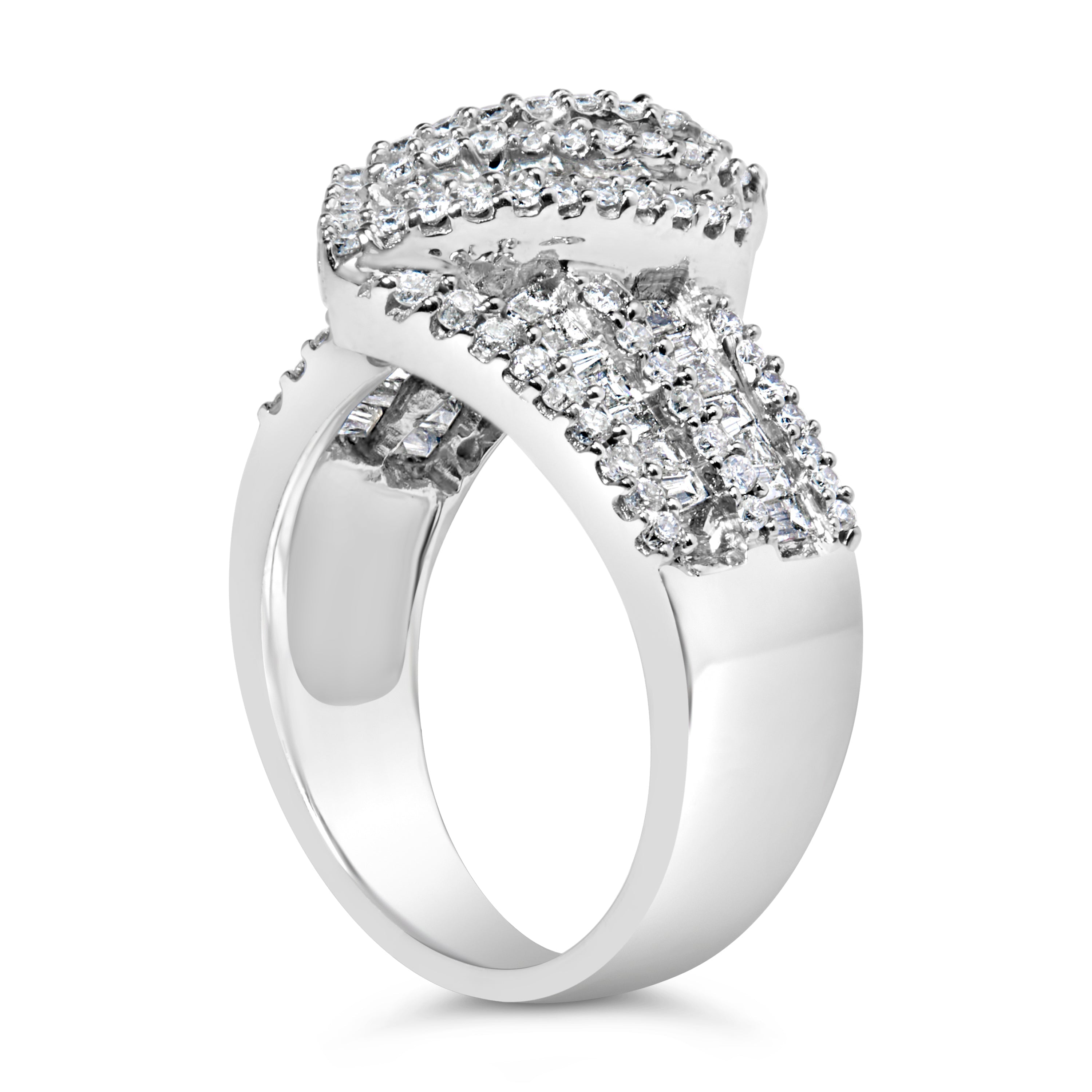14K White Gold 1-1/2 Cttw Round and Baguette Diamond Bypass Cocktail Ring Band (H-I Color, SI1-SI2 Clarity) - Size 7 by Bids.com