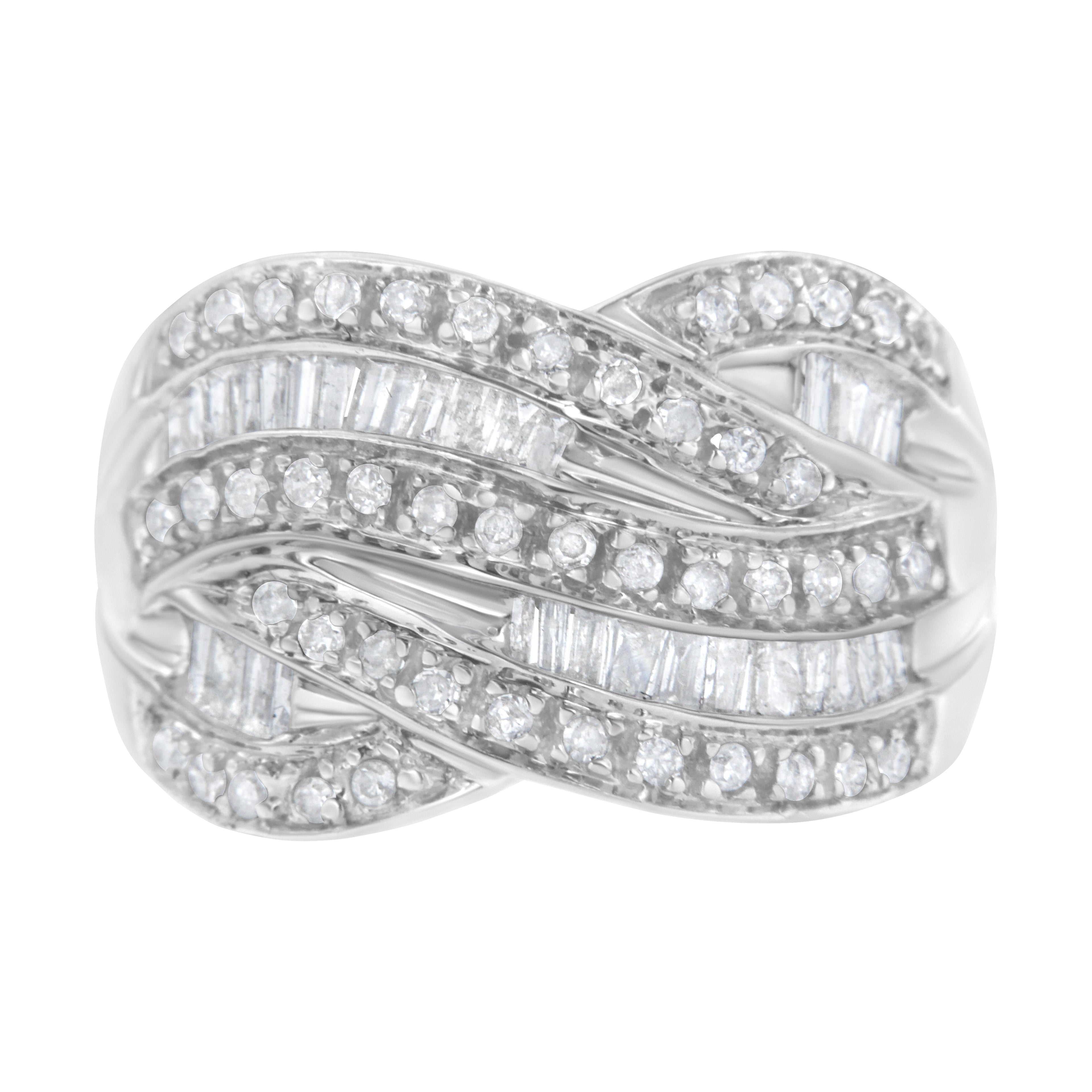 .925 Sterling Silver 1.0 Cttw Channel Set Alternating Round and Baguette Diamond Cross-over Bypass Ring Band (I-J Color, I2-I3 Clarity) - Size 7 by Bids.com