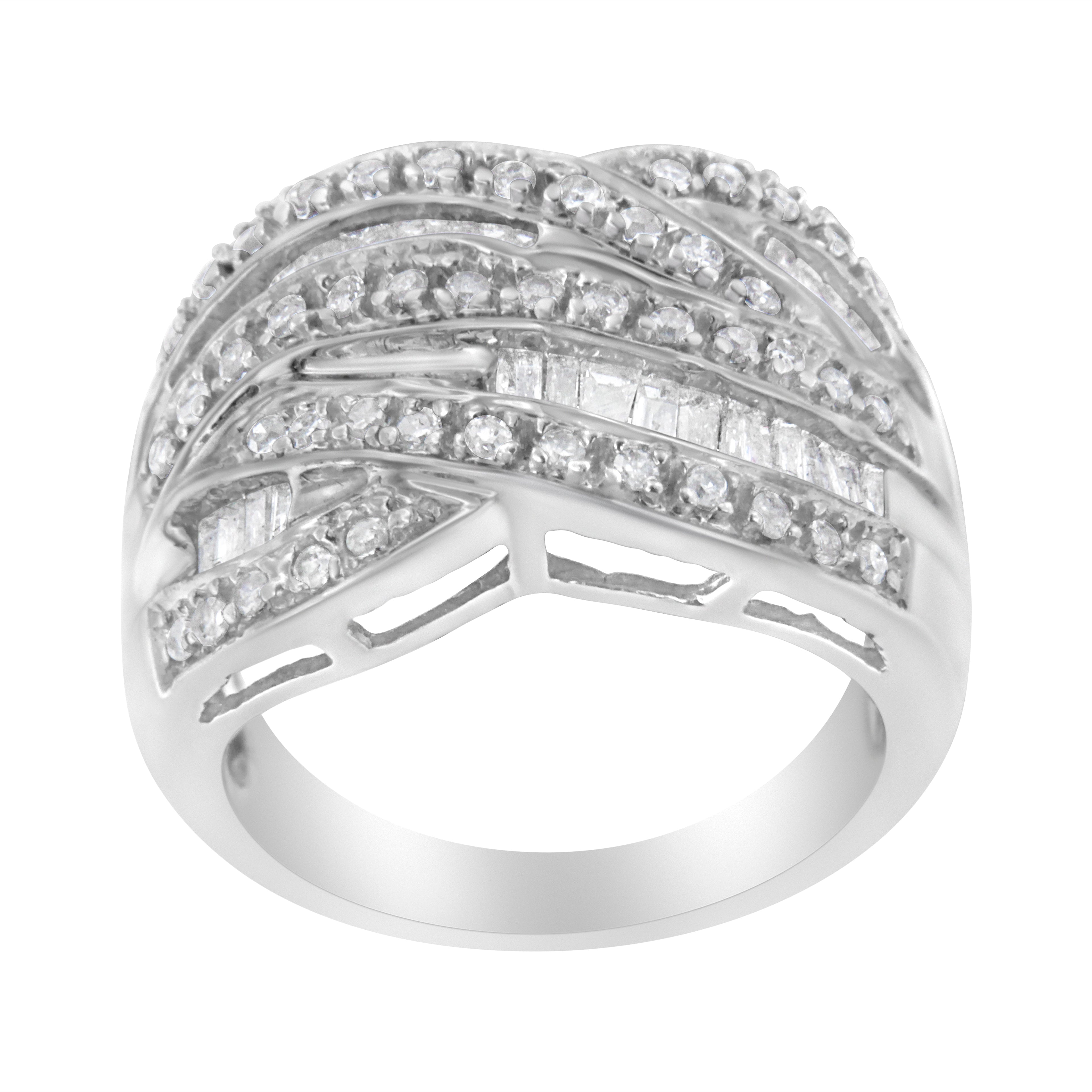 .925 Sterling Silver 1.0 Cttw Channel Set Alternating Round and Baguette Diamond Cross-over Bypass Ring Band (I-J Color, I2-I3 Clarity) - Size 7 by Bids.com