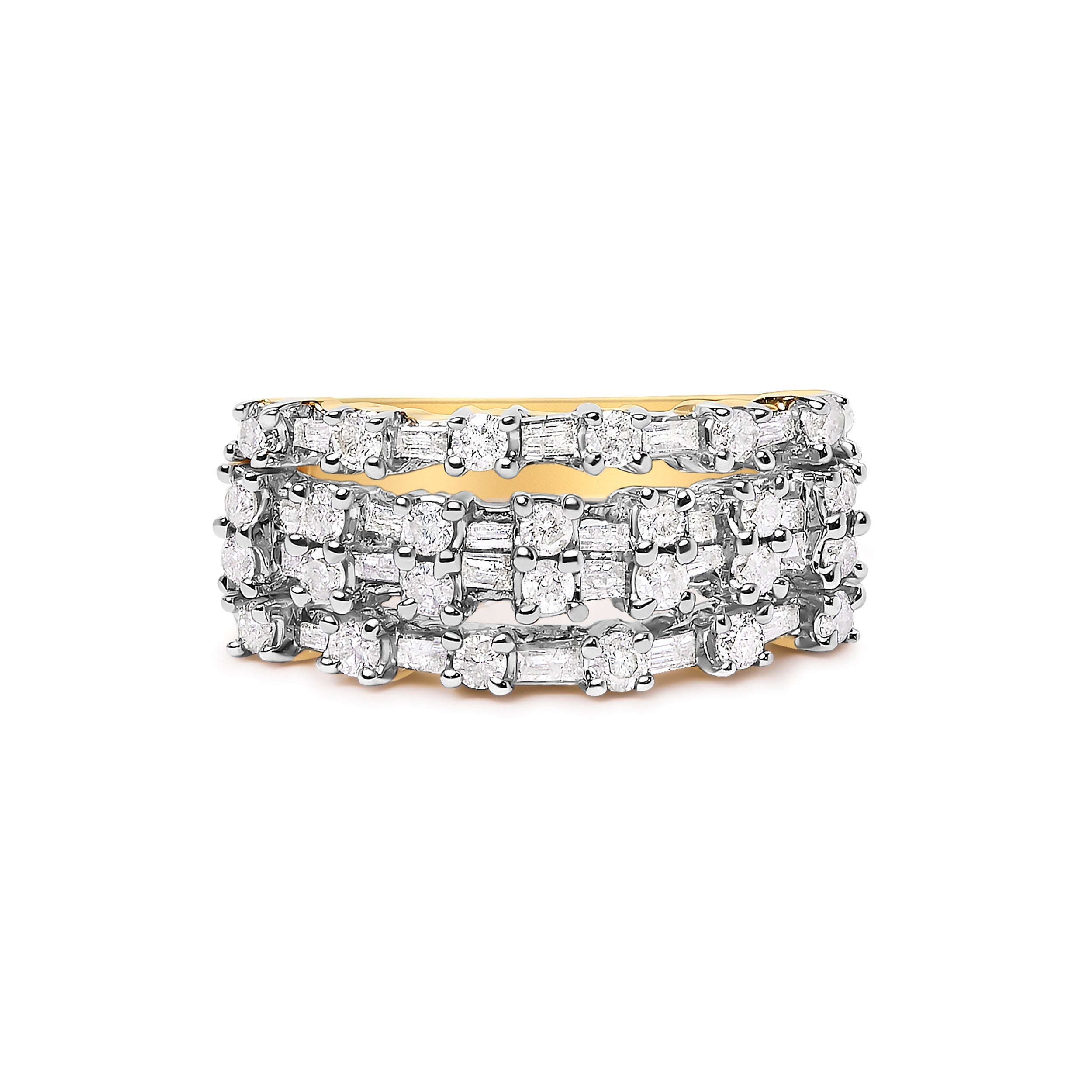 14K Yellow Gold 1.0 Cttw Round and Baguette Diamond Multi-Row Band Ring DestGlow