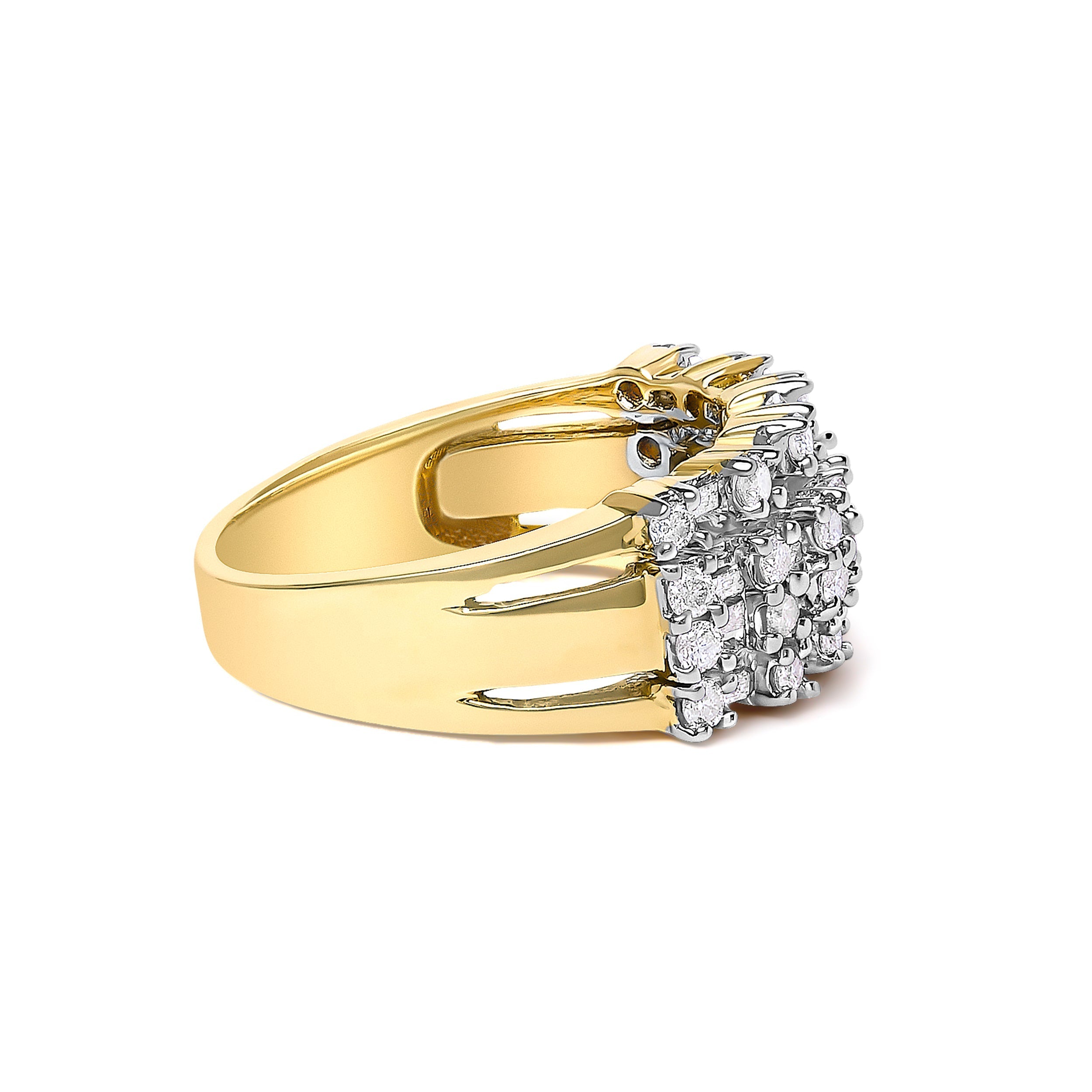 14K Yellow Gold 1.0 Cttw Round and Baguette Diamond Multi-Row Band Ring DestGlow