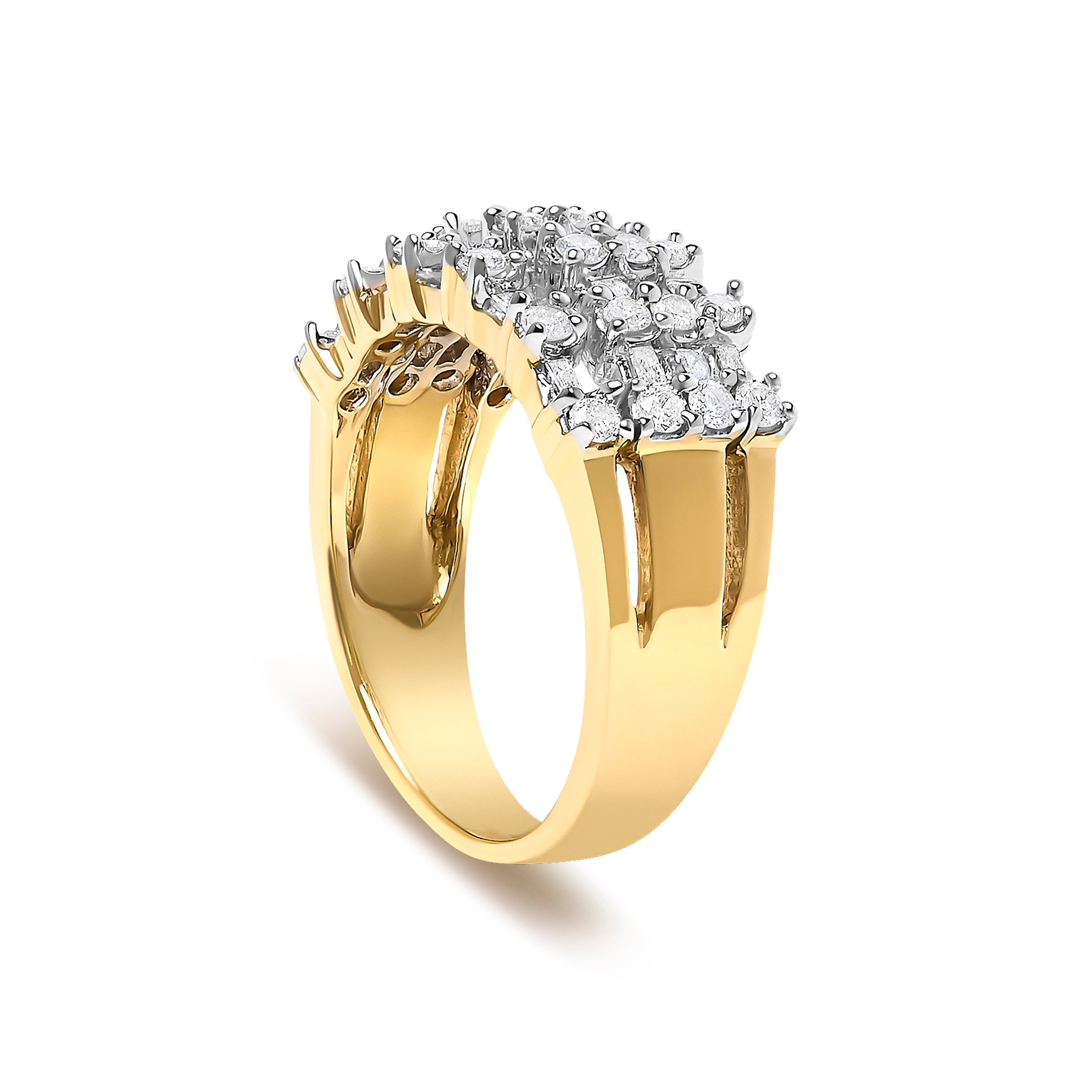 14K Yellow Gold 1.0 Cttw Round and Baguette Diamond Multi-Row Band Ring DestGlow