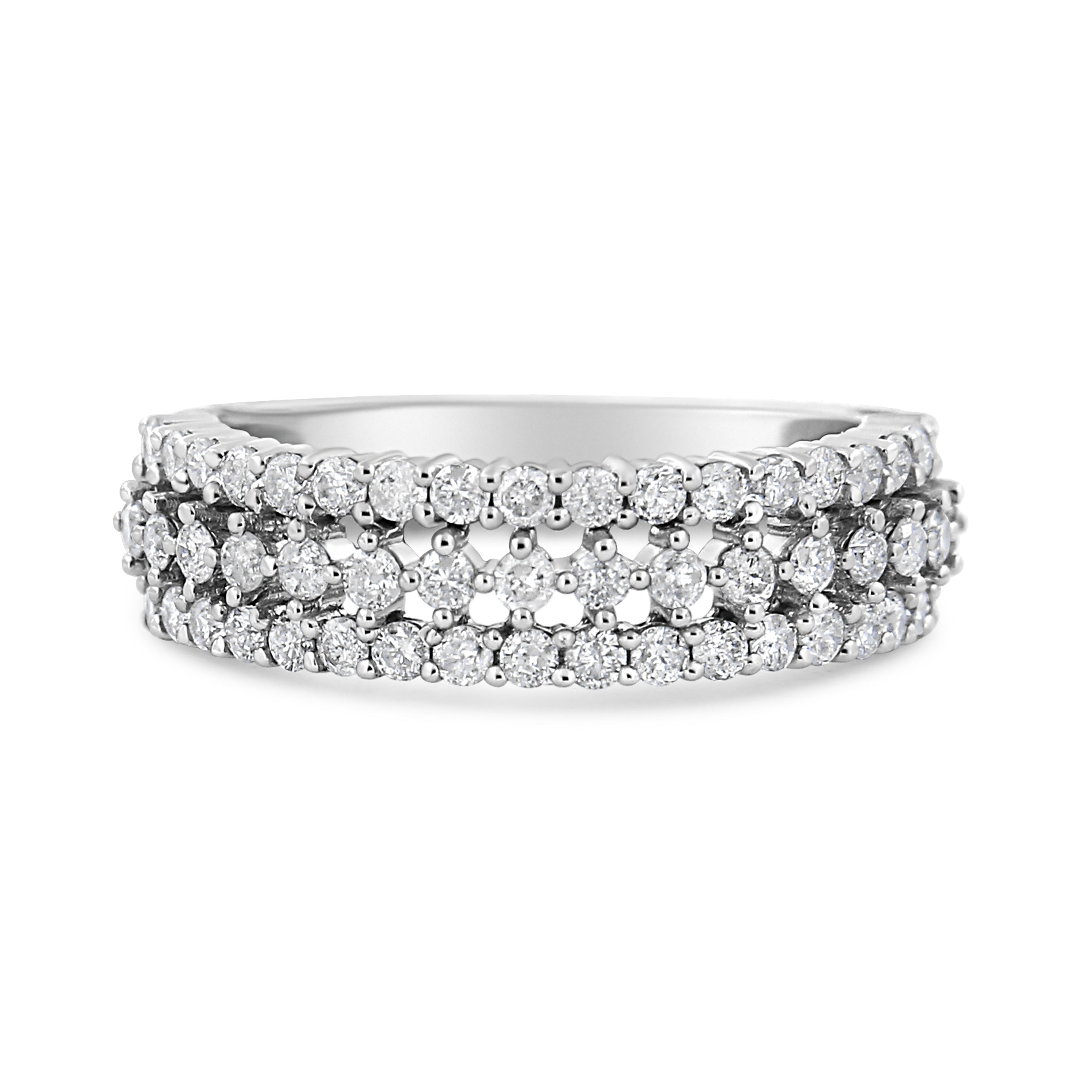 14K White Gold 1.0 Cttw Prong Set Round Diamond Split Shank Three Row Band Ring (H-I Color, I2-I3 Clarity) - Size 6 DestGlow