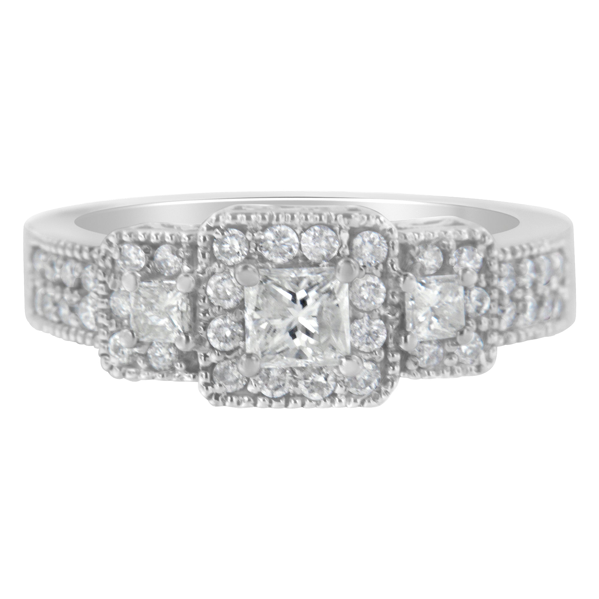 14K White Gold Round and Princess-Cut Diamond Three Stone Ring (1 Cttw, H-I Color, I1-I2 Clarity) - Size 7 DestGlow