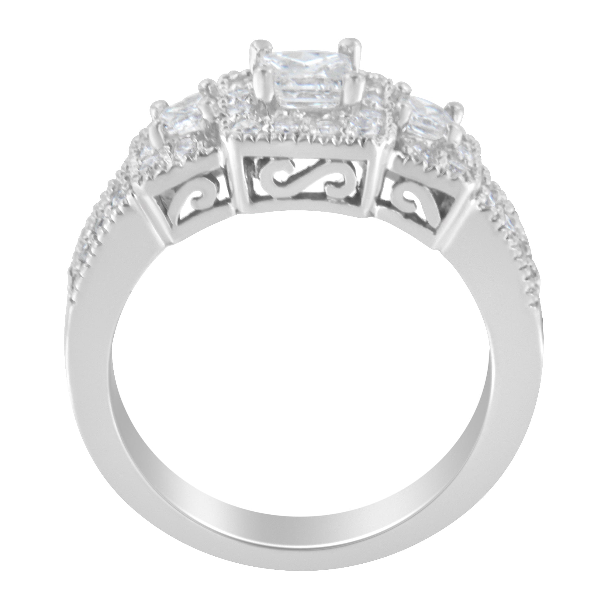 14K White Gold Round and Princess-Cut Diamond Three Stone Ring (1 Cttw, H-I Color, I1-I2 Clarity) - Size 7 DestGlow