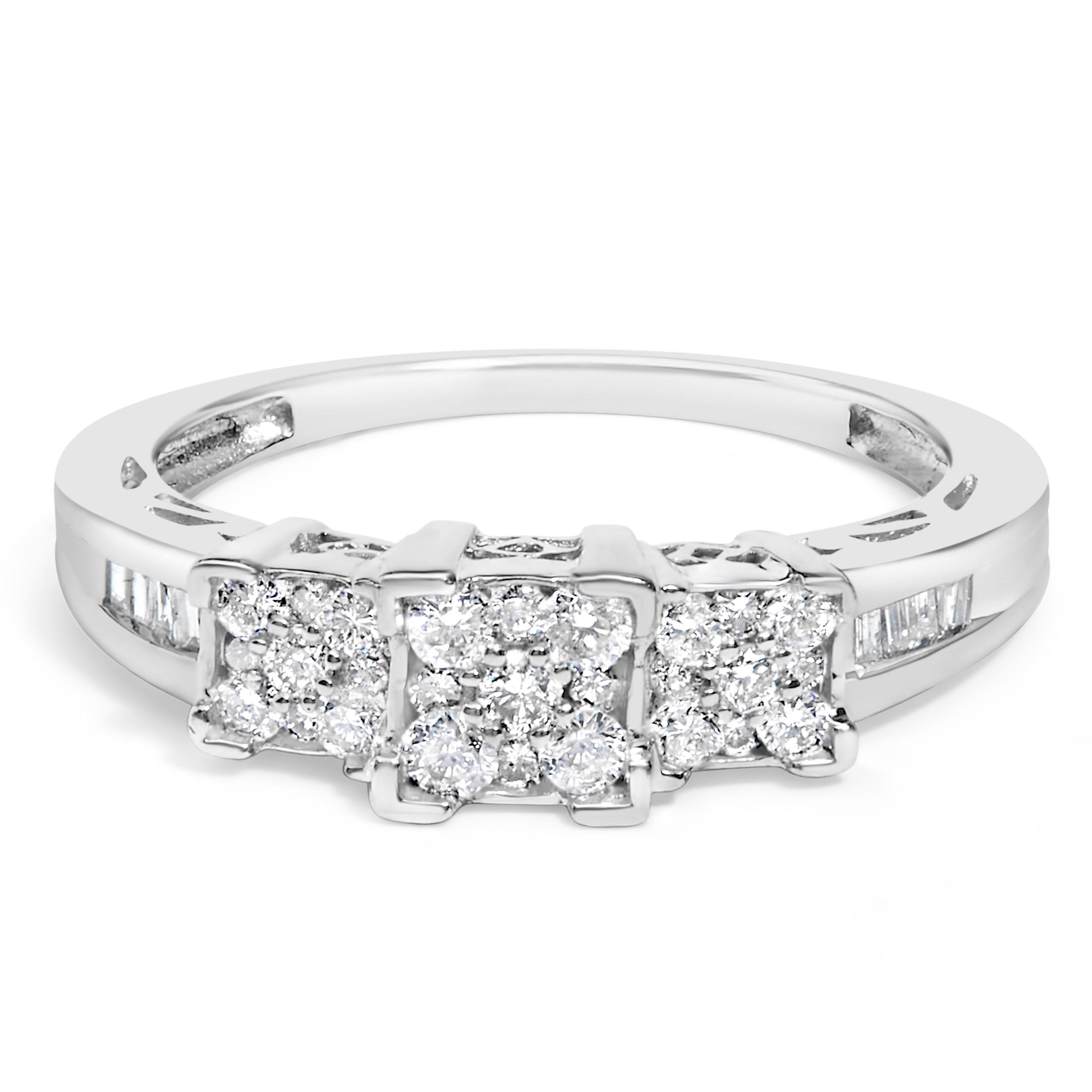 10K White Gold 1/2 Cttw Brilliant & Baguette Cut Diamond 3 Stone Design with 3 Square Clusters Engagement Ring (H-I Color, SI2-I1 Clarity) - Size 6-3/4 by Bids.com