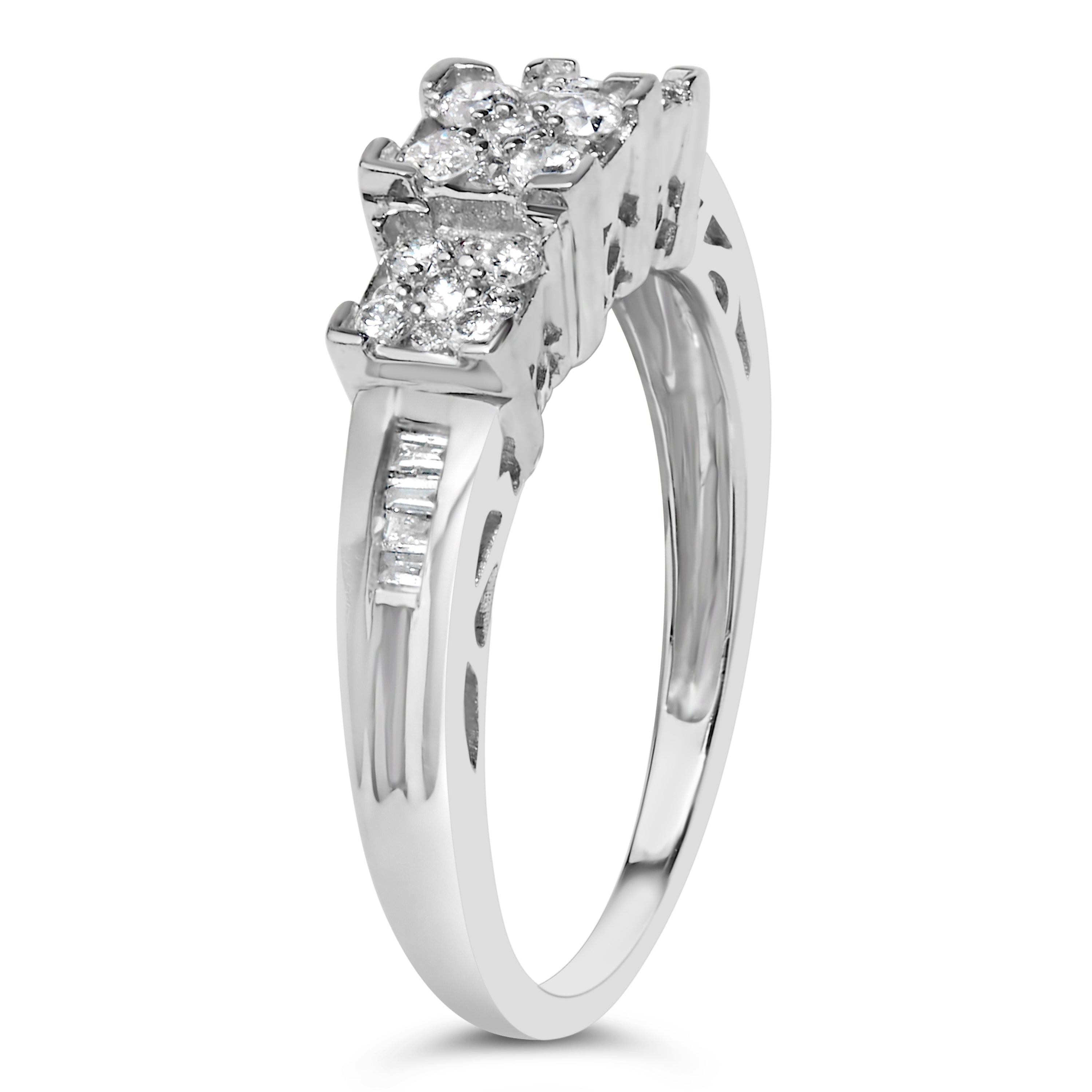 10K White Gold 1/2 Cttw Brilliant & Baguette Cut Diamond 3 Stone Design with 3 Square Clusters Engagement Ring (H-I Color, SI2-I1 Clarity) - Size 6-3/4 by Bids.com