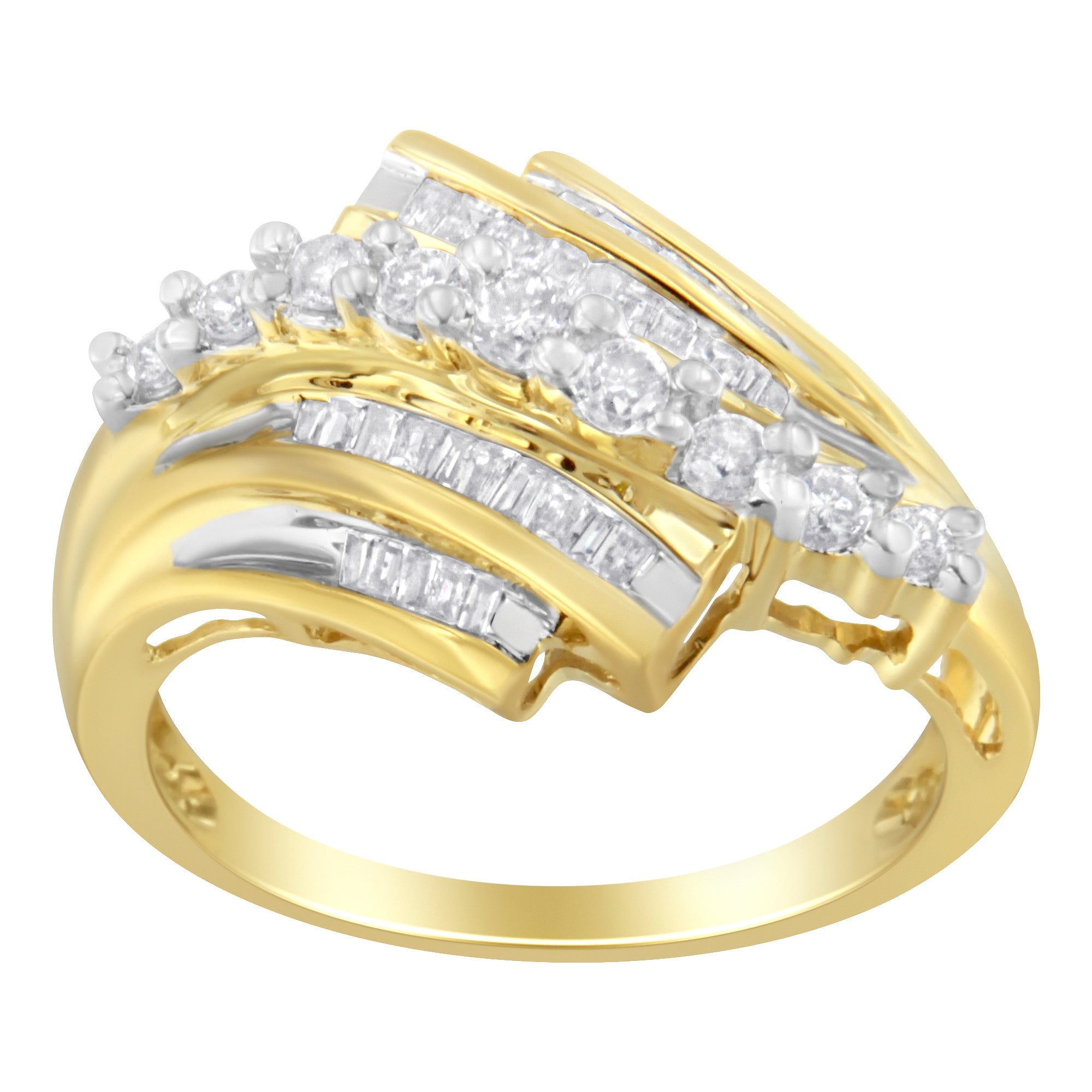 10K Yellow Gold Round and Baguette Diamond-Cut Ring (1/2 Cttw, I-J Color, I1-I2 Clarity) - Size 7 by Bids.com