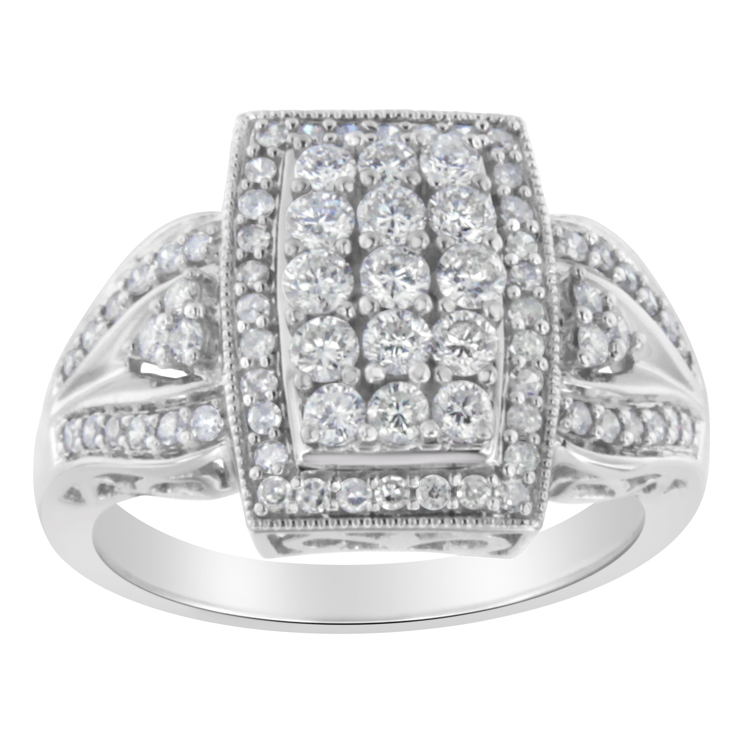10K White Gold 1.0 Cttw Diamond Rectangular Cushion Shaped Cluster Halo Flared Band Cocktail Fashion Ring (H-I Color, SI2-I1 Clarity) - Size 7 by Bids.com