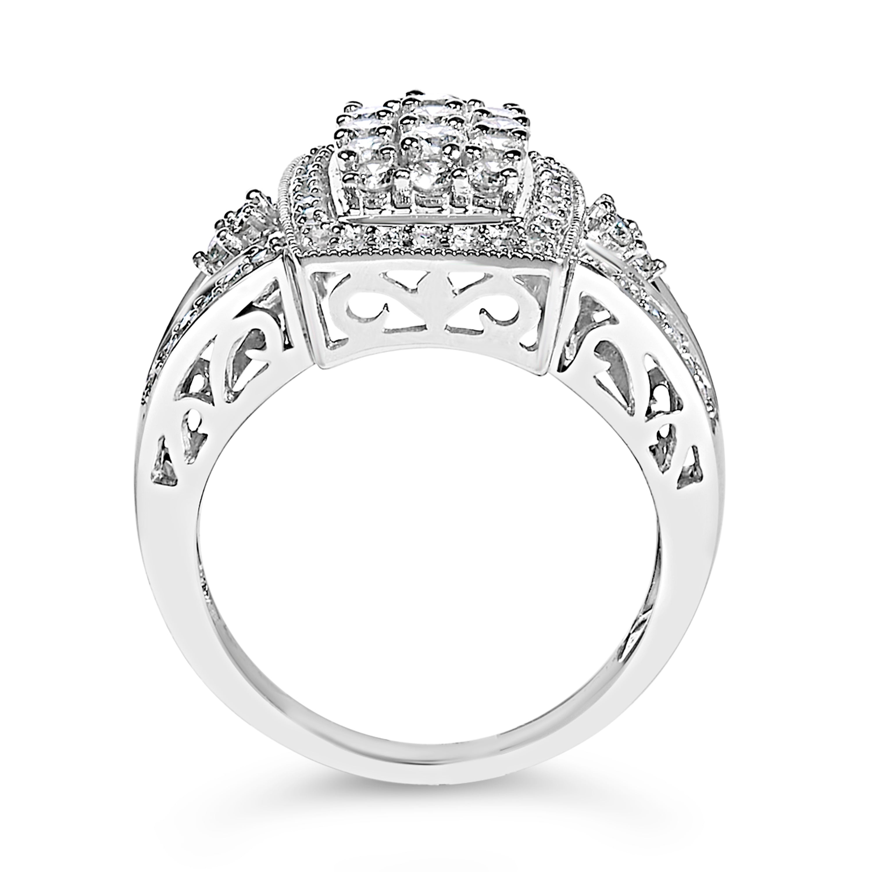 10K White Gold 1.0 Cttw Diamond Rectangular Cushion Shaped Cluster Halo Flared Band Cocktail Fashion Ring (H-I Color, SI2-I1 Clarity) - Size 7 by Bids.com