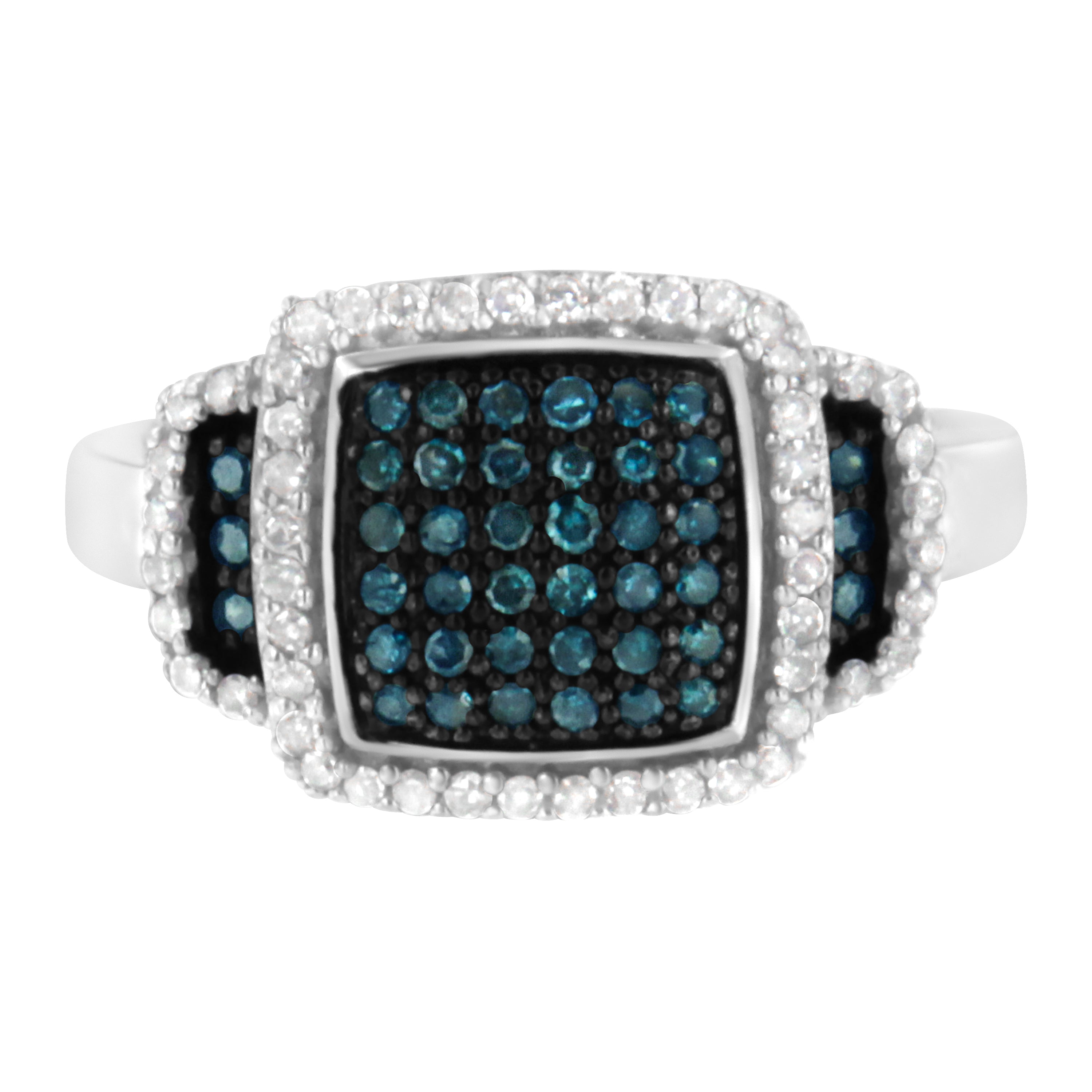 Black Rhodium Plated .925 Sterling Silver 1/2 Cttw White & Blue Diamond Square Halo Cocktail Ring (Fancy Blue & H-I Color, I2-I3 Clarity) - SIze 6 by Bids.com