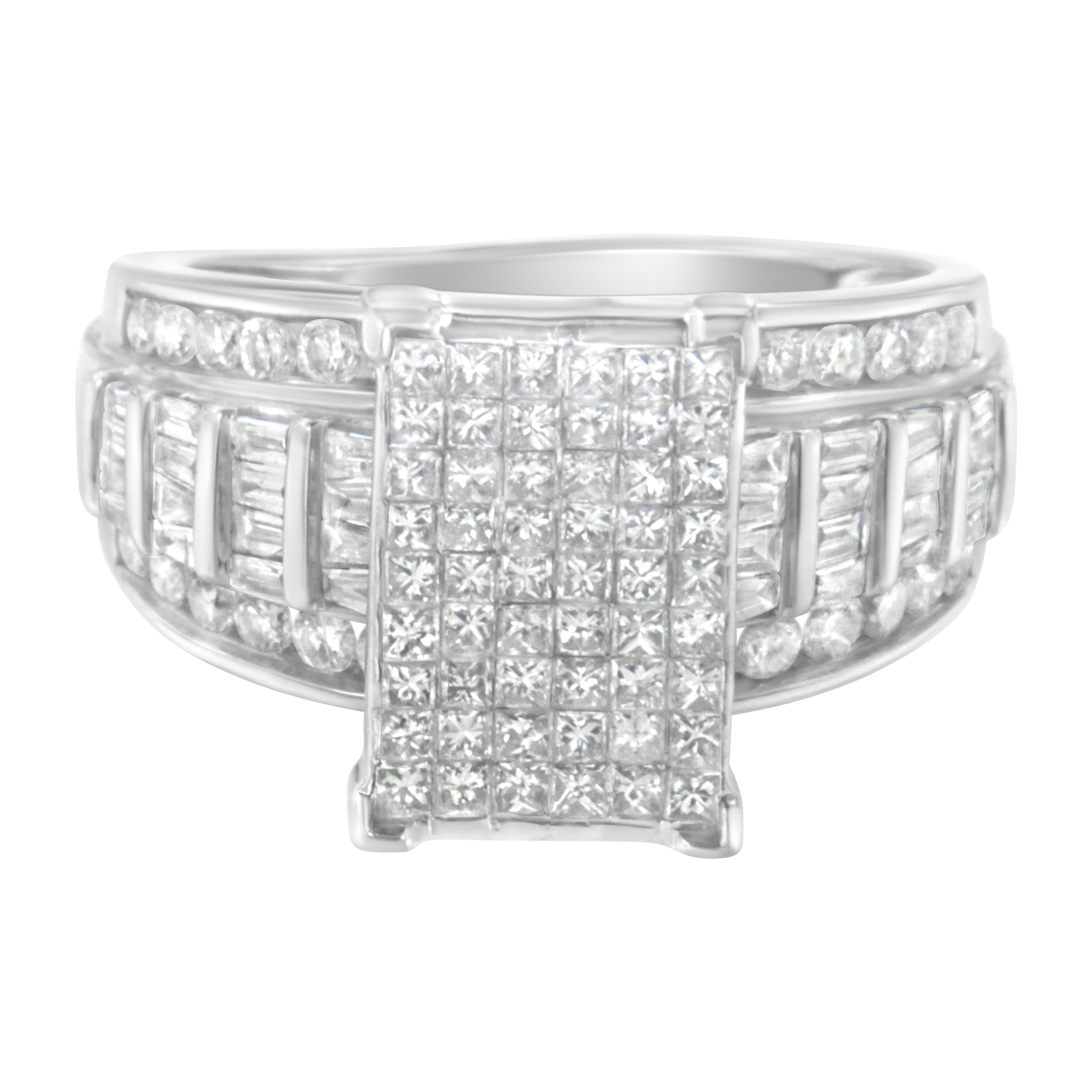 14K White Gold 2.0 Cttw Mixed-Cut Diamond Rectangle Invisible-Set Composite Cluster Ring with Bar- and Channel-Set Band (H-I Color, SI2-I1 Clarity) - Size 5 by Bids.com
