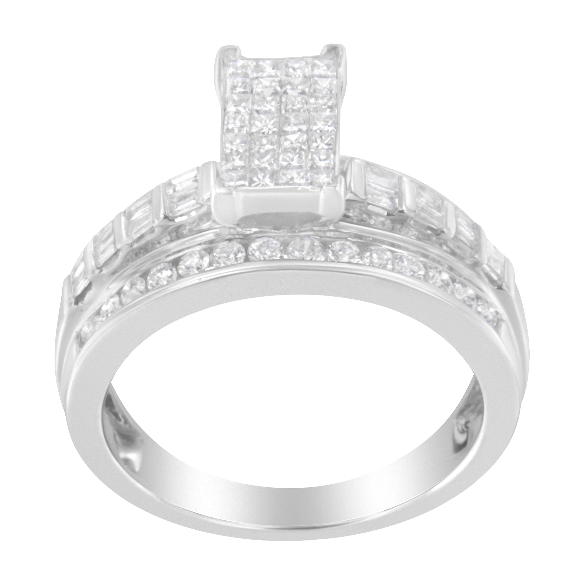 14K White Gold 1.0 Cttw Mixed-Cut Diamond Rectangle Invisible-Set Composite Cluster Ring with Bar- and Channel-Set Band (H-I Color, SI2-I1 Clarity) - Size 7 by Bids.com