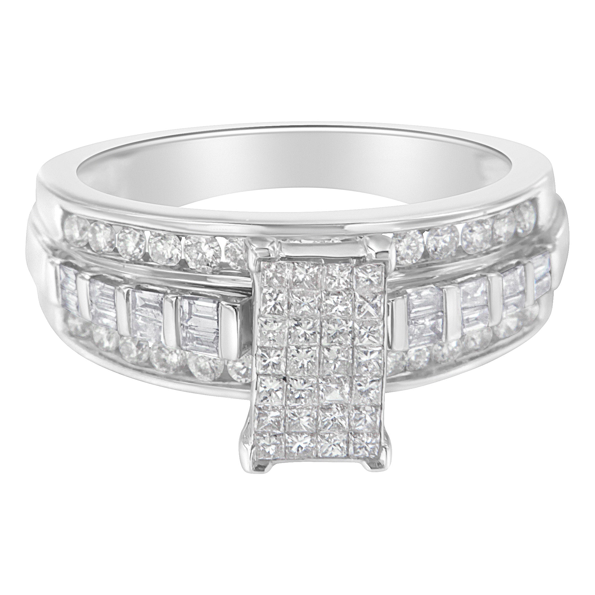 14K White Gold 1.0 Cttw Mixed-Cut Diamond Rectangle Invisible-Set Composite Cluster Ring with Bar- and Channel-Set Band (H-I Color, SI2-I1 Clarity) - Size 7 by Bids.com
