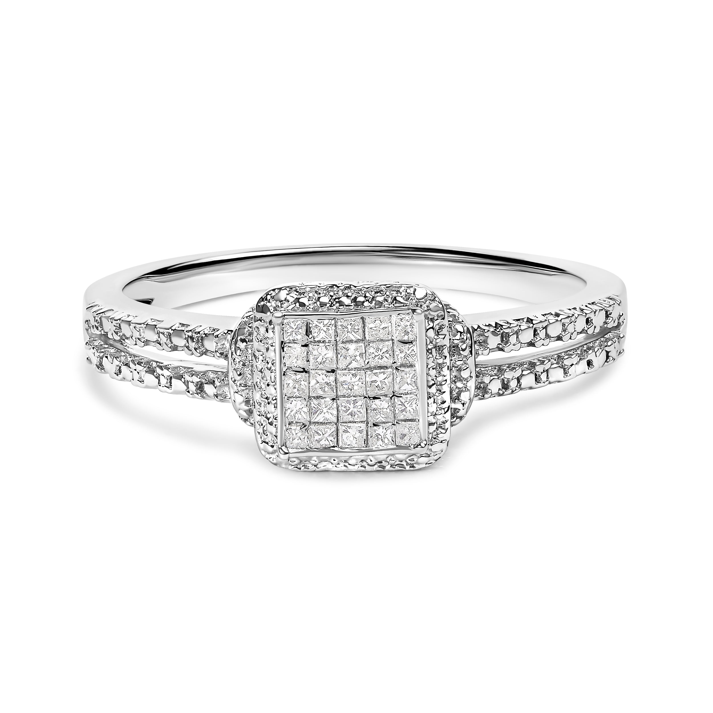 .925 Sterling Silver 1/4 Cttw Princess-cut Diamond Composite Ring with Beaded Halo (H-I Color, SI1-SI2 Clarity) - Size 7 by Bids.com