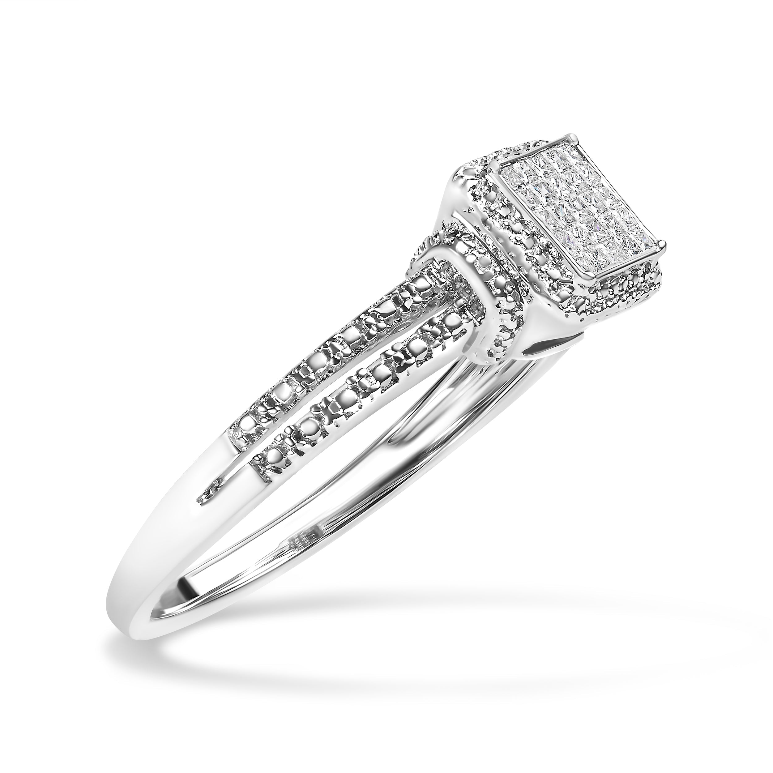 .925 Sterling Silver 1/4 Cttw Princess-cut Diamond Composite Ring with Beaded Halo (H-I Color, SI1-SI2 Clarity) - Size 7 by Bids.com