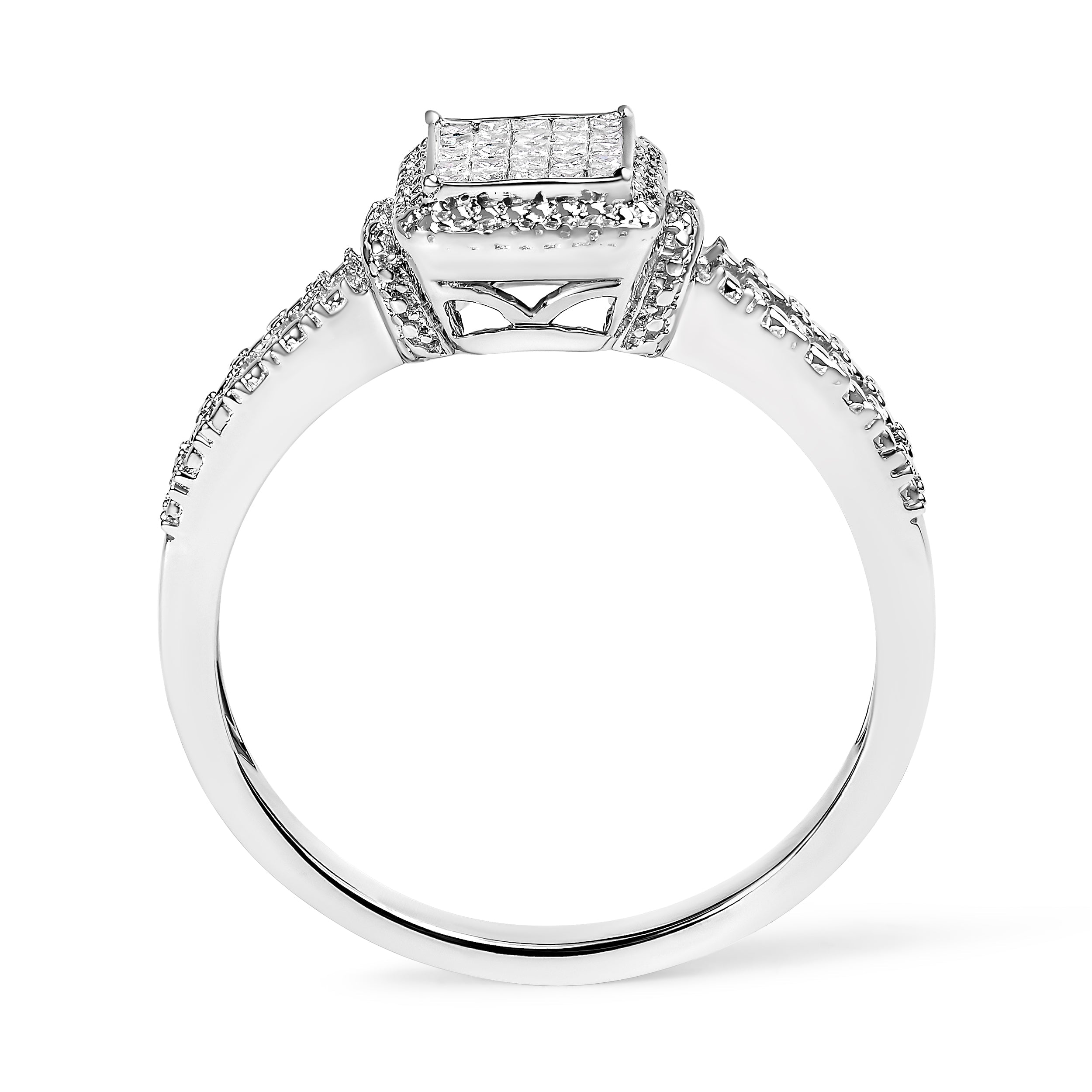 .925 Sterling Silver 1/4 Cttw Princess-cut Diamond Composite Ring with Beaded Halo (H-I Color, SI1-SI2 Clarity) - Size 7 by Bids.com