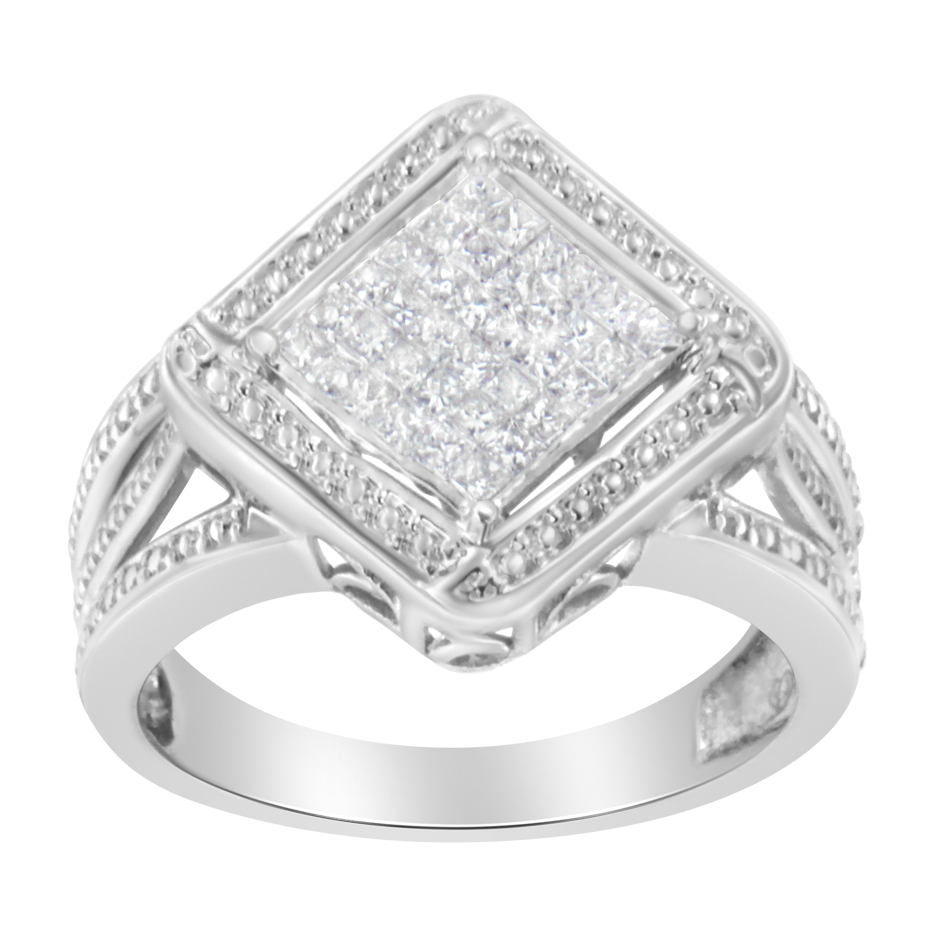 .925 Sterling Silver 2/5 Cttw Princess Cut Diamond Square On Point Cluster Composite Cocktail Ring (H-I Color, SI1-SI2 Clarity) - Size 6 by Bids.com