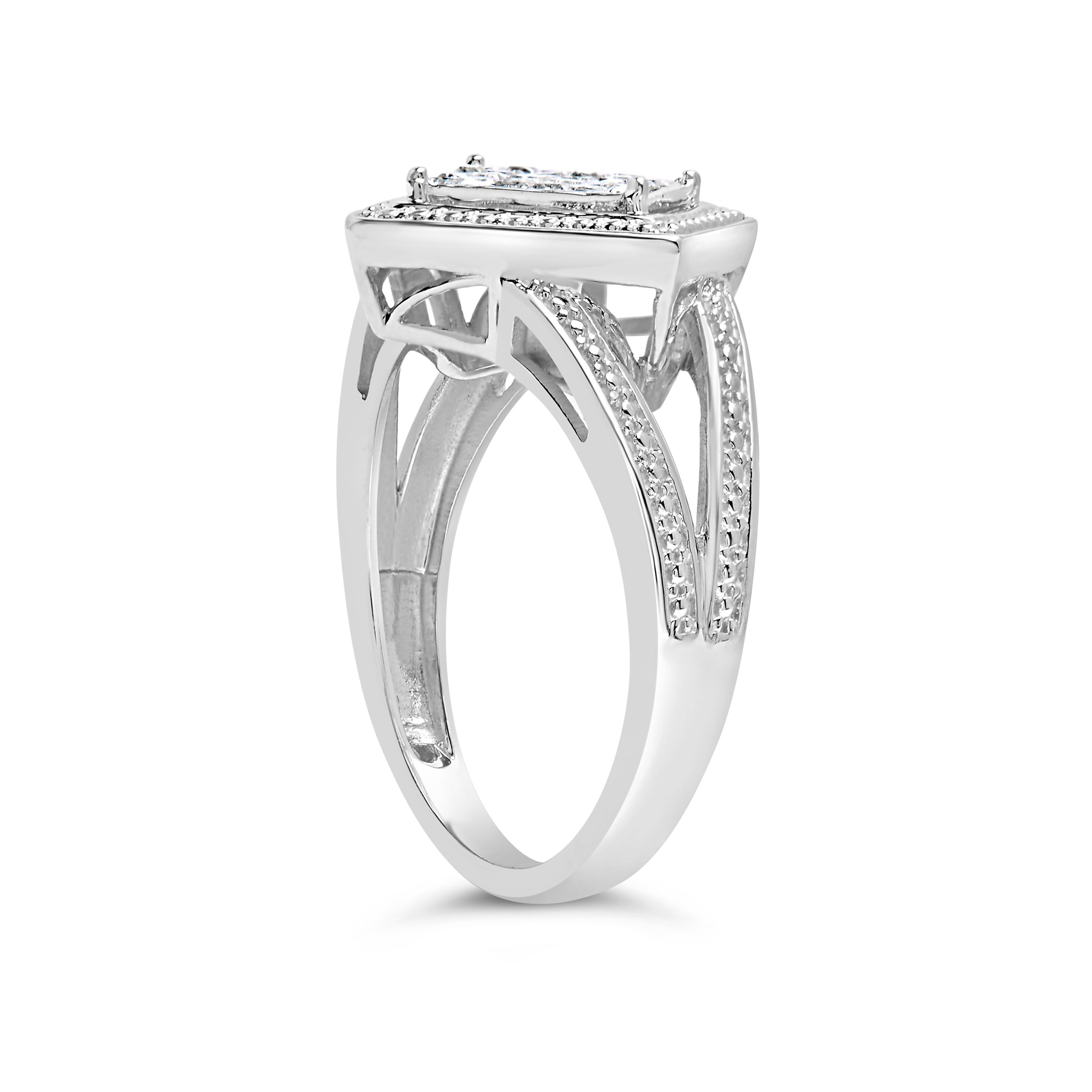 .925 Sterling Silver 1/3 Cttw Invisible Set Princess-Cut Diamond Rhombus and Beaded Halo Ring (H-I Color, SI1-SI2 Clarity) - Ring Size 7 by Bids.com