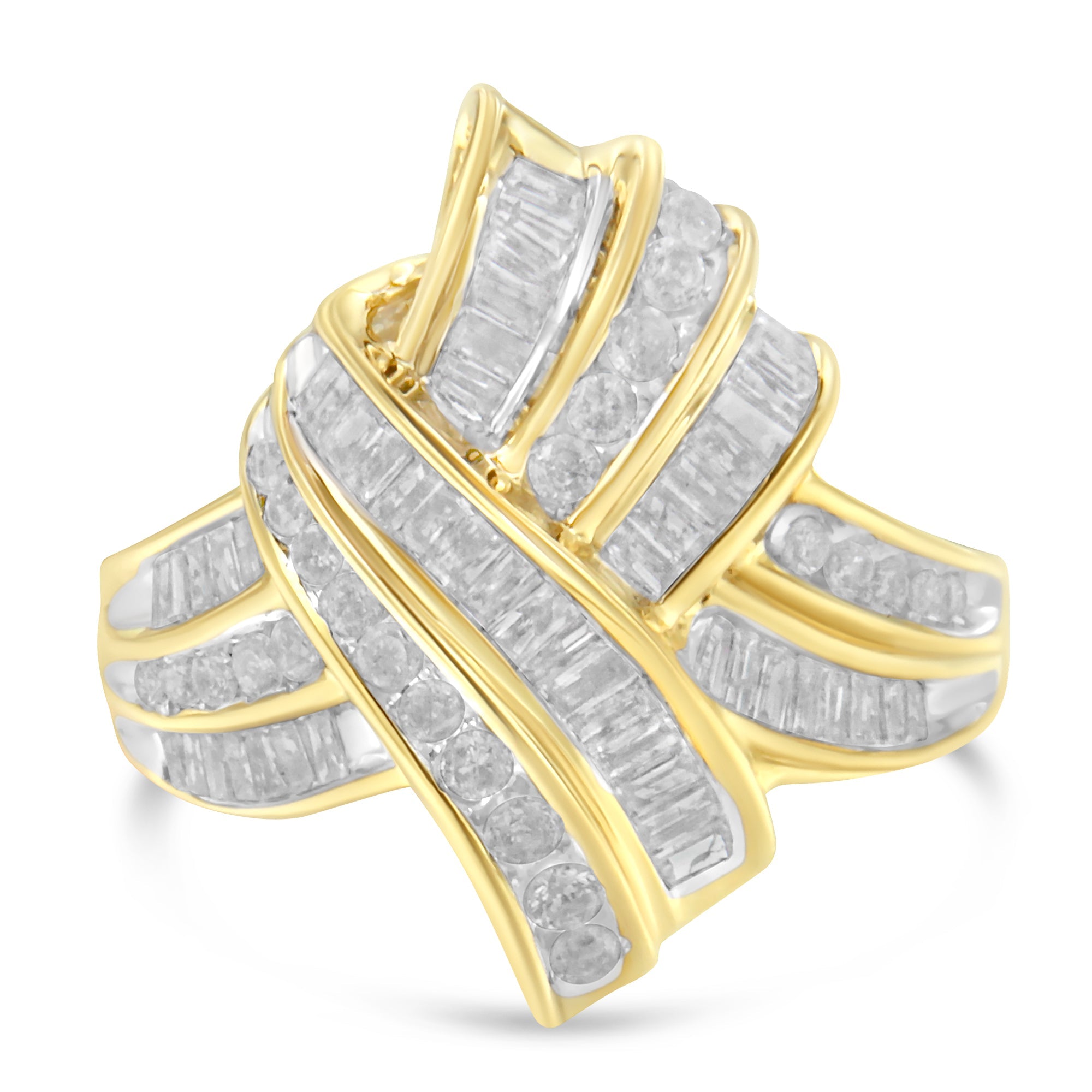 10K Yellow Gold Plated .925 Sterling Silver 1.0 Cttw Round & Baguette Diamond Knot Channel Statement Ring (I-J Color, I2-I3 Clarity) - Size 6 by Bids.com