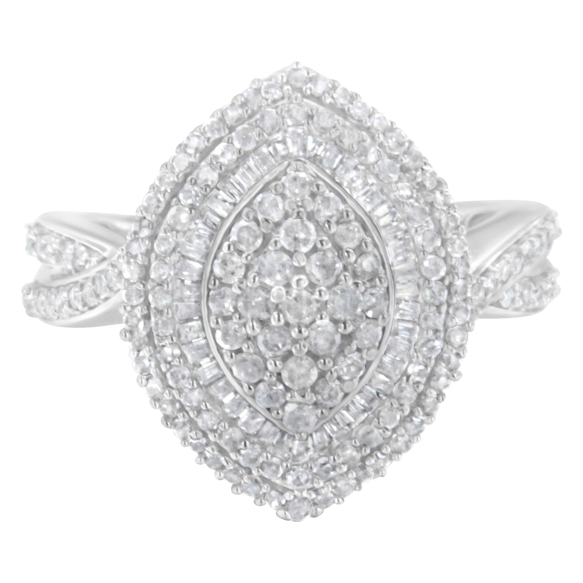 .925 Sterling Silver 1.0 Cttw Round & Baguette-Cut Diamond Marquise-Shaped Cluster Triple Stepped Halo Cocktail Fashion Ring (I-J Color, I2-I3 Clarity) - Size 7 by Bids.com