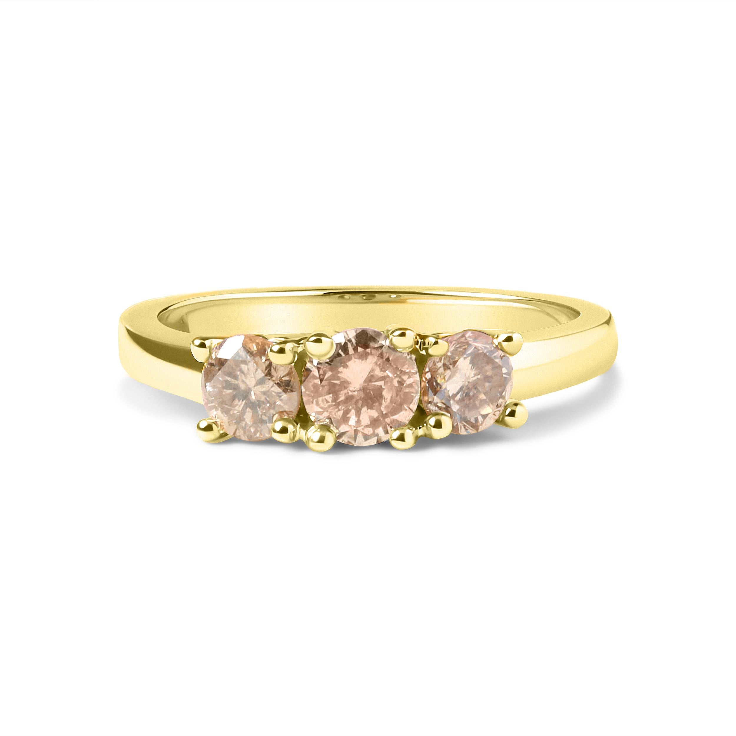10K Yellow Gold 1.00 Cttw Champagne Diamond 3-Stone Band Ring (J-K Color, I1-I2 Clarity) - Size 7 by Bids.com