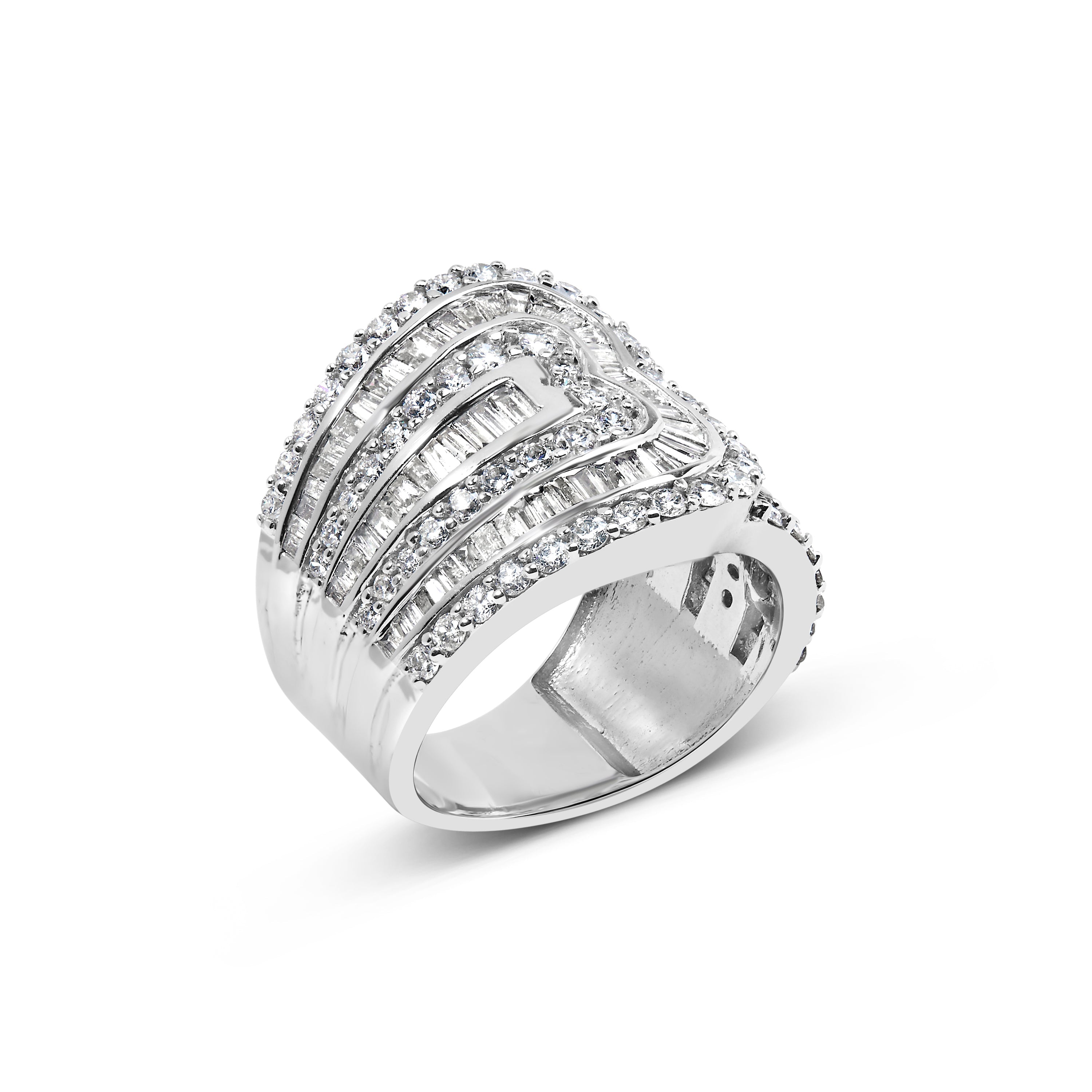 10K White Gold 2 1/2 Cttw Round and Baguette-Cut Diamond Multi-Row Bypass Ring (J-K Color, I2-I3 Clarity) - Ring Size 7 by Bids.com