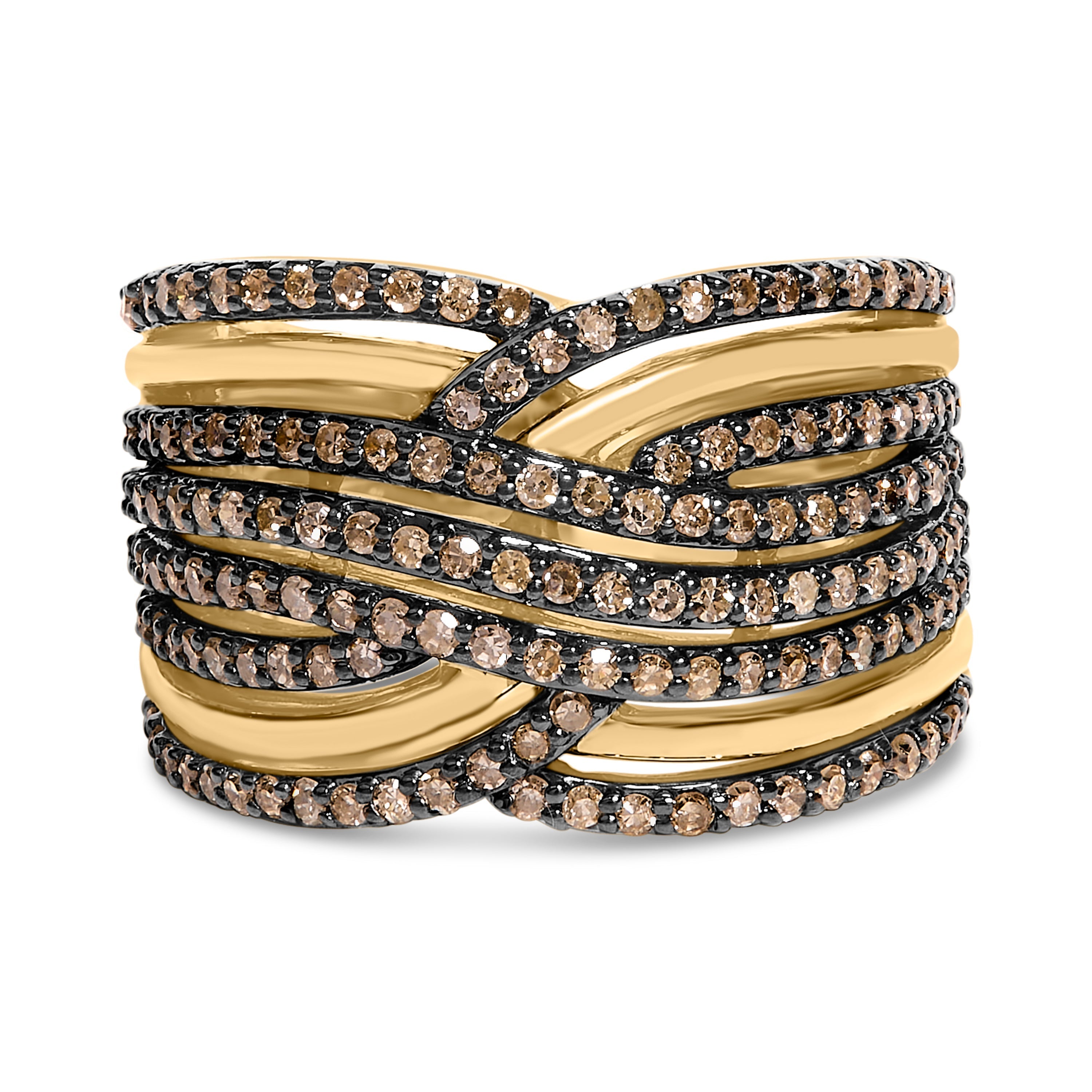 10K Yellow Gold Plated .925 Sterling Silver 1.0 Cttw Champagne Diamond Multi Row Cross Over Band Ring - Size 7 DestGlow