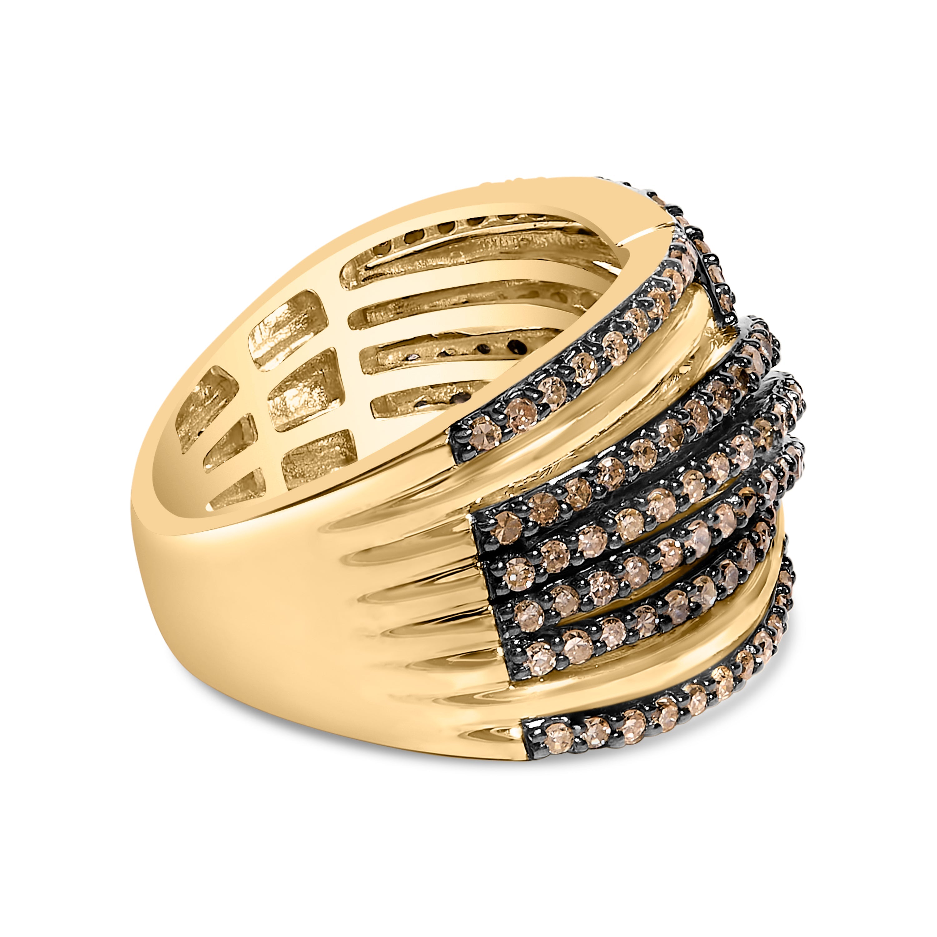 10K Yellow Gold Plated .925 Sterling Silver 1.0 Cttw Champagne Diamond Multi Row Cross Over Band Ring - Size 7 DestGlow
