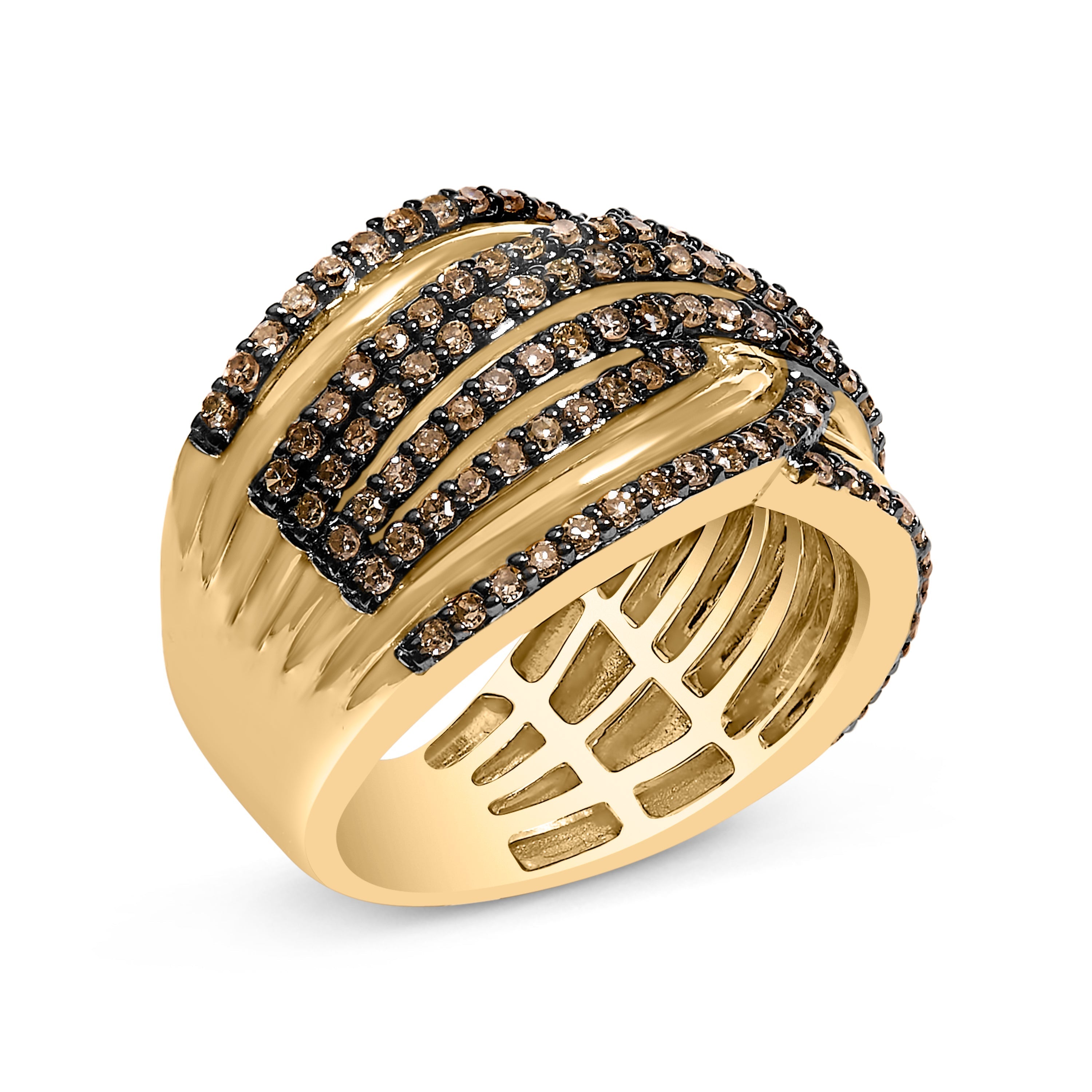10K Yellow Gold Plated .925 Sterling Silver 1.0 Cttw Champagne Diamond Multi Row Cross Over Band Ring - Size 7 DestGlow