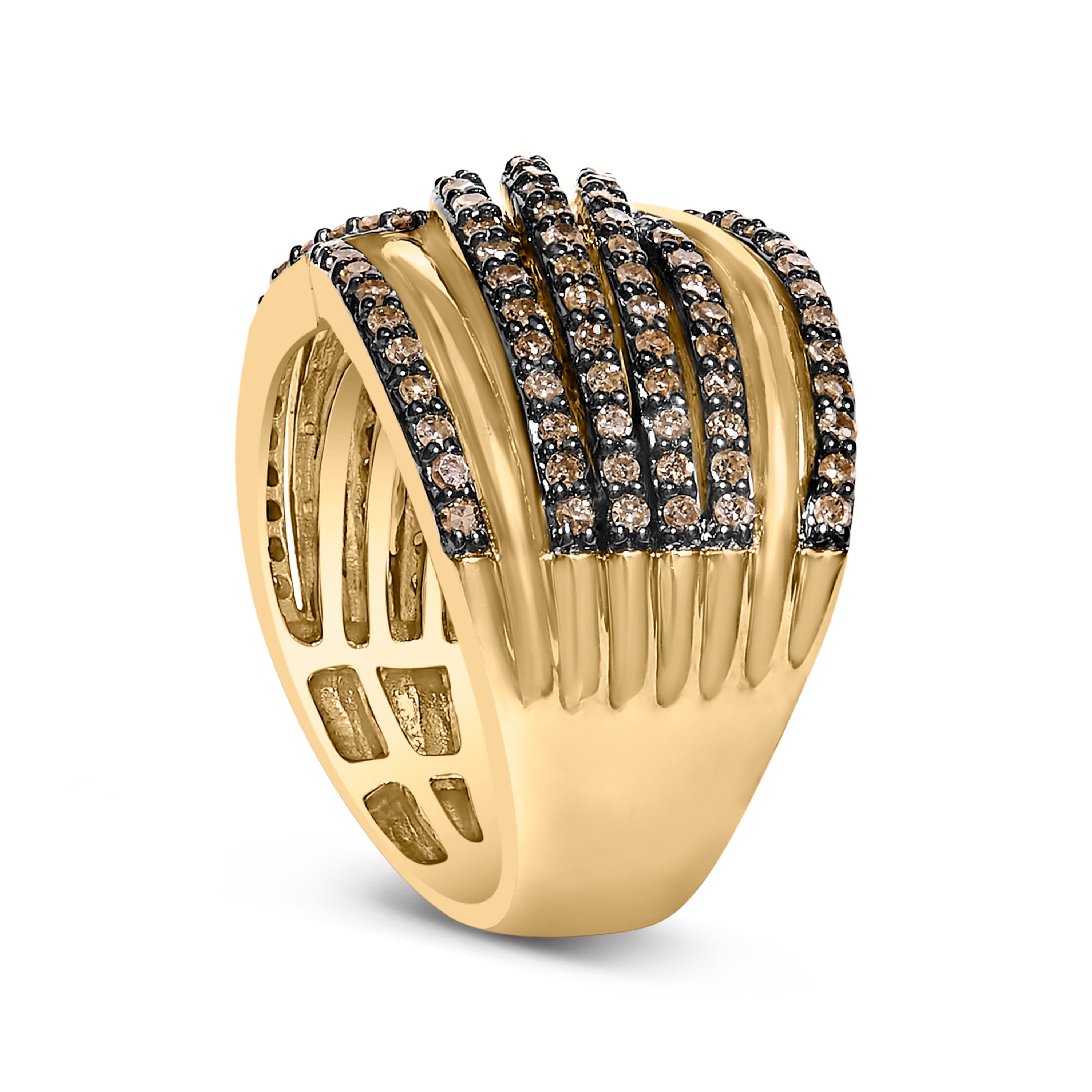 10K Yellow Gold Plated .925 Sterling Silver 1.0 Cttw Champagne Diamond Multi Row Cross Over Band Ring - Size 7 DestGlow