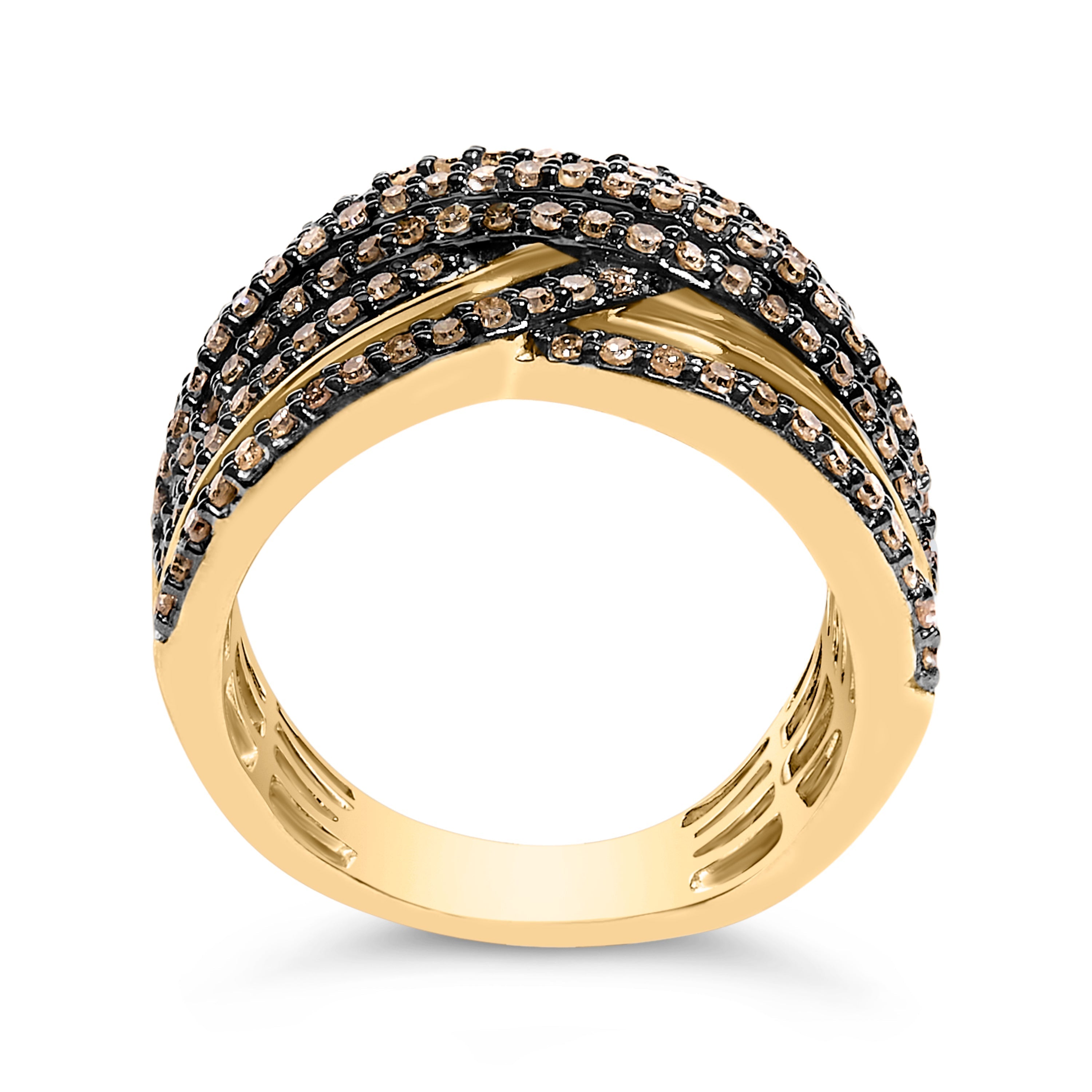 10K Yellow Gold Plated .925 Sterling Silver 1.0 Cttw Champagne Diamond Multi Row Cross Over Band Ring - Size 7 DestGlow