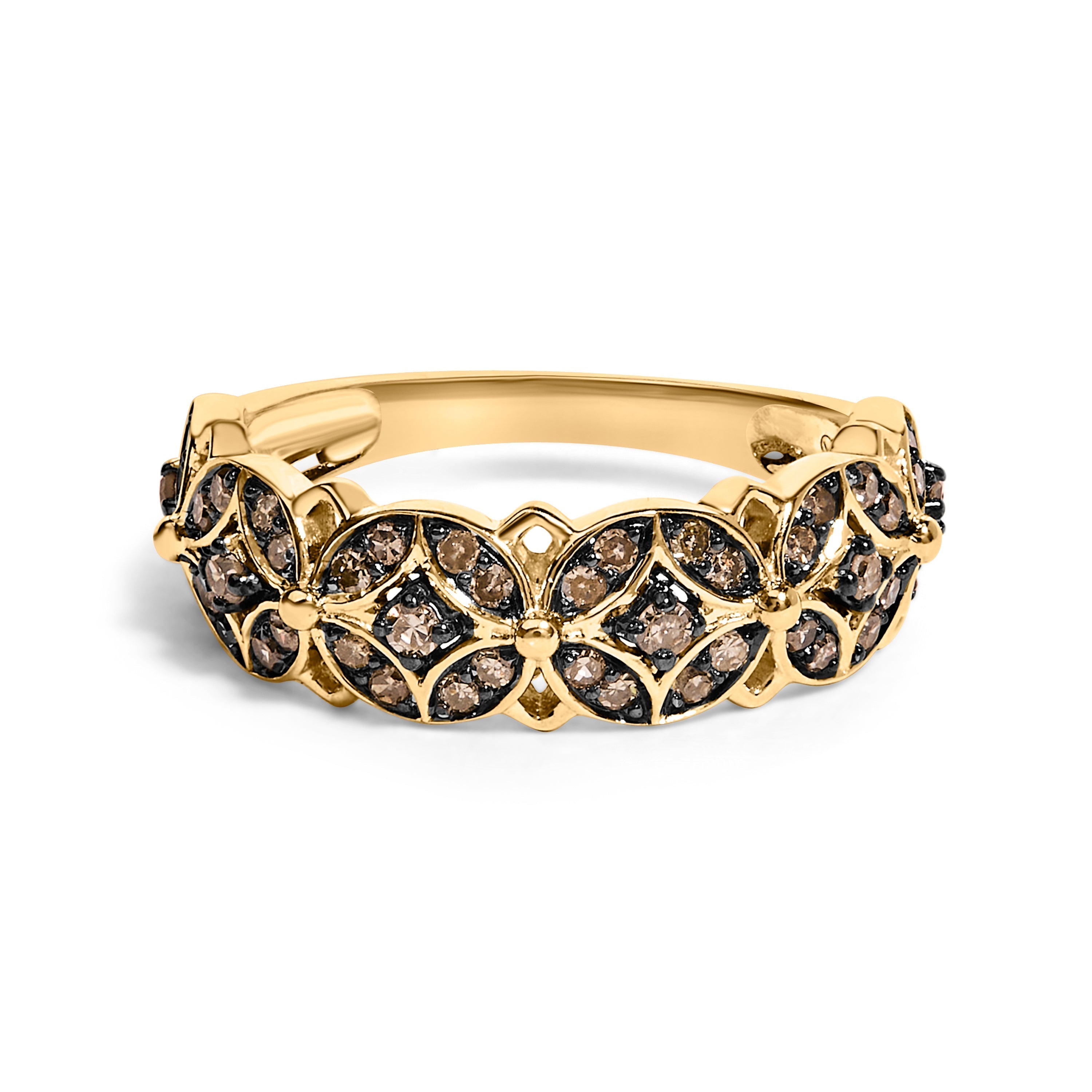 10K Yellow Gold Plated .925 Sterling Silver 3/8 Cttw Champagne Diamond Lattice Work Band Ring - Size 7 DestGlow