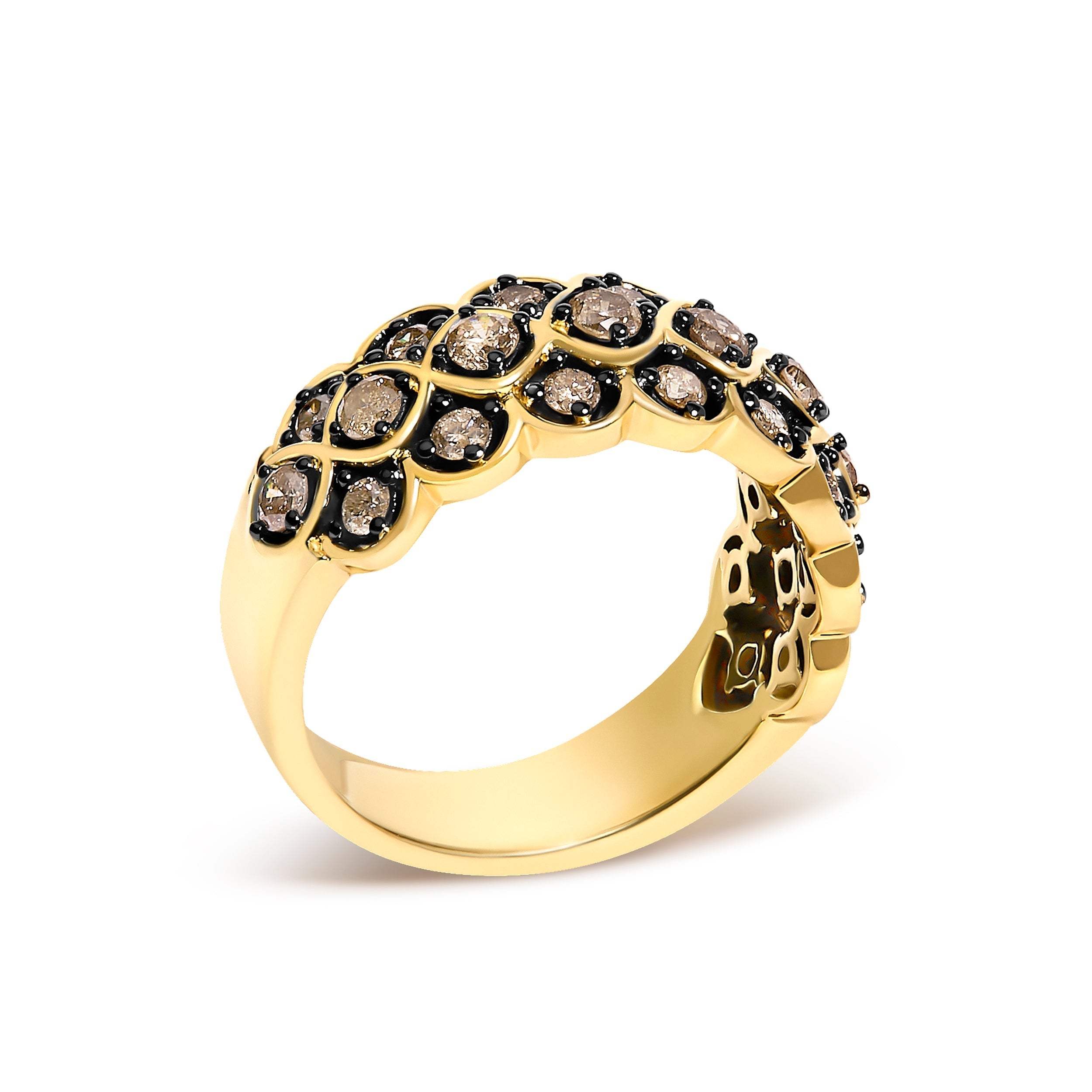 10K Yellow Gold Plated Sterling Silver 1.0 Cttw Brown Diamond Scalloped Motif Band Ring DestGlow