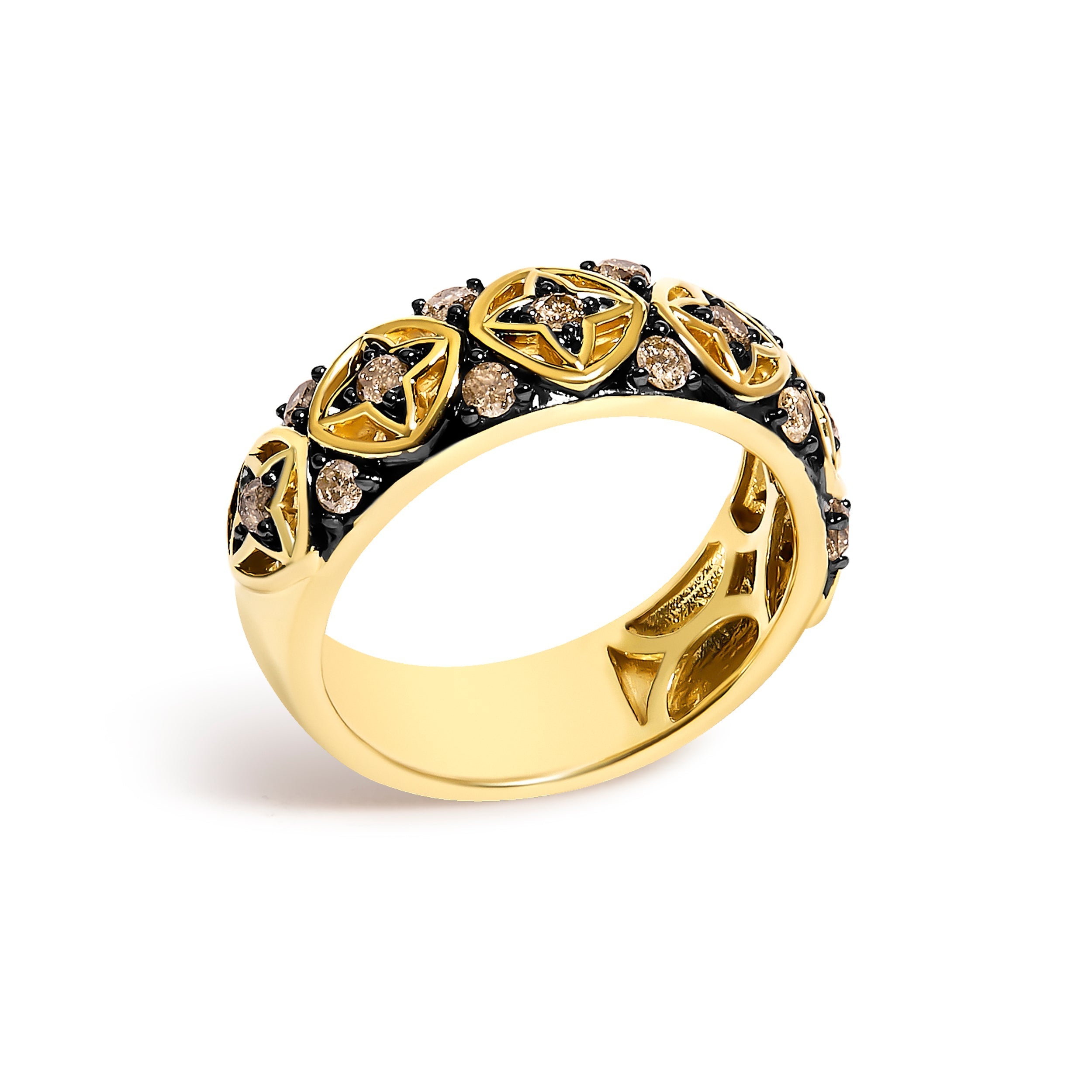 10K Yellow Gold Plated Sterling Silver 1/2 Cttw Champagne Diamond Star Motif Band Ring DestGlow