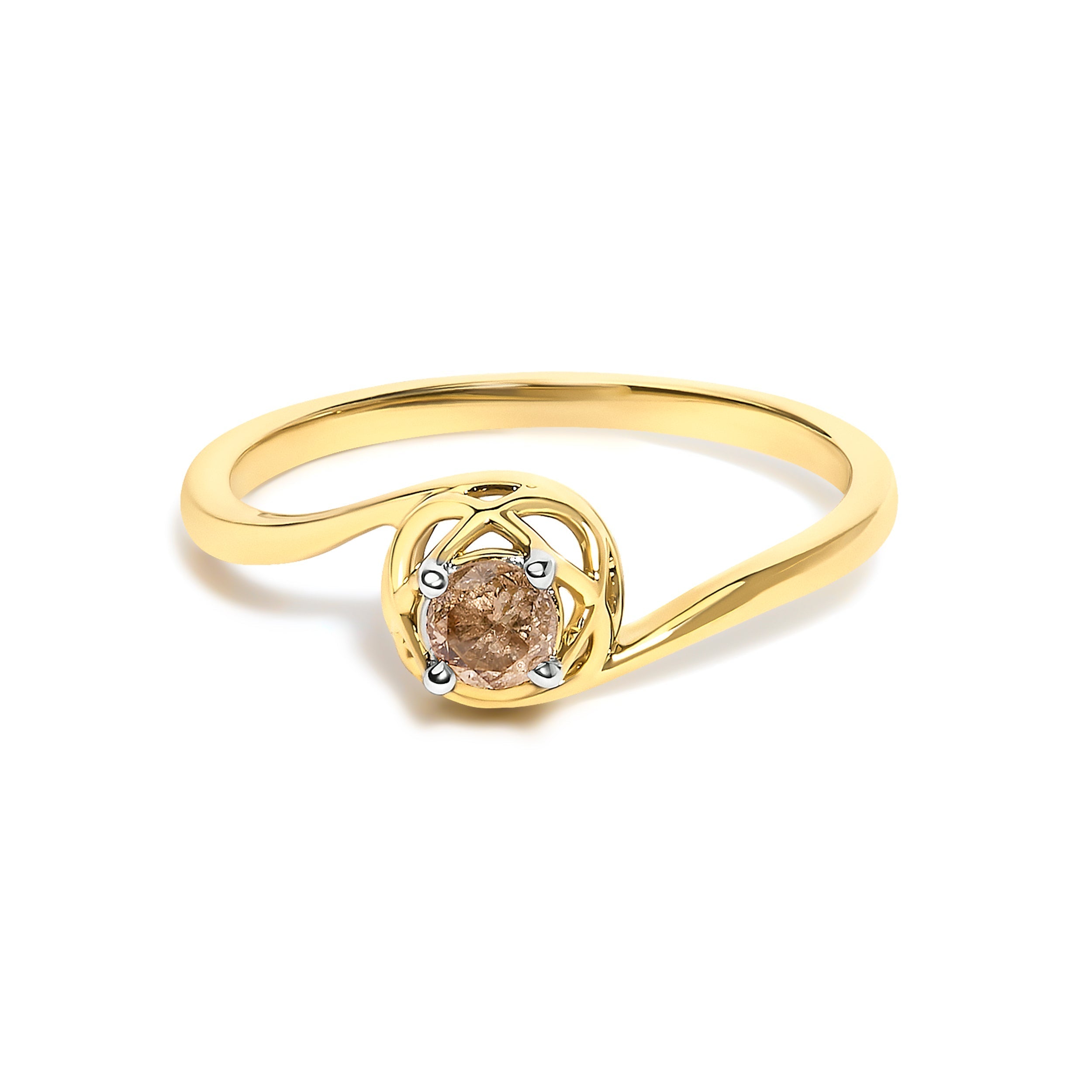 14K Yellow Gold Plated Sterling Silver 1/5 Ct Light Brown Diamond Bypass Solitaire Ring DestGlow