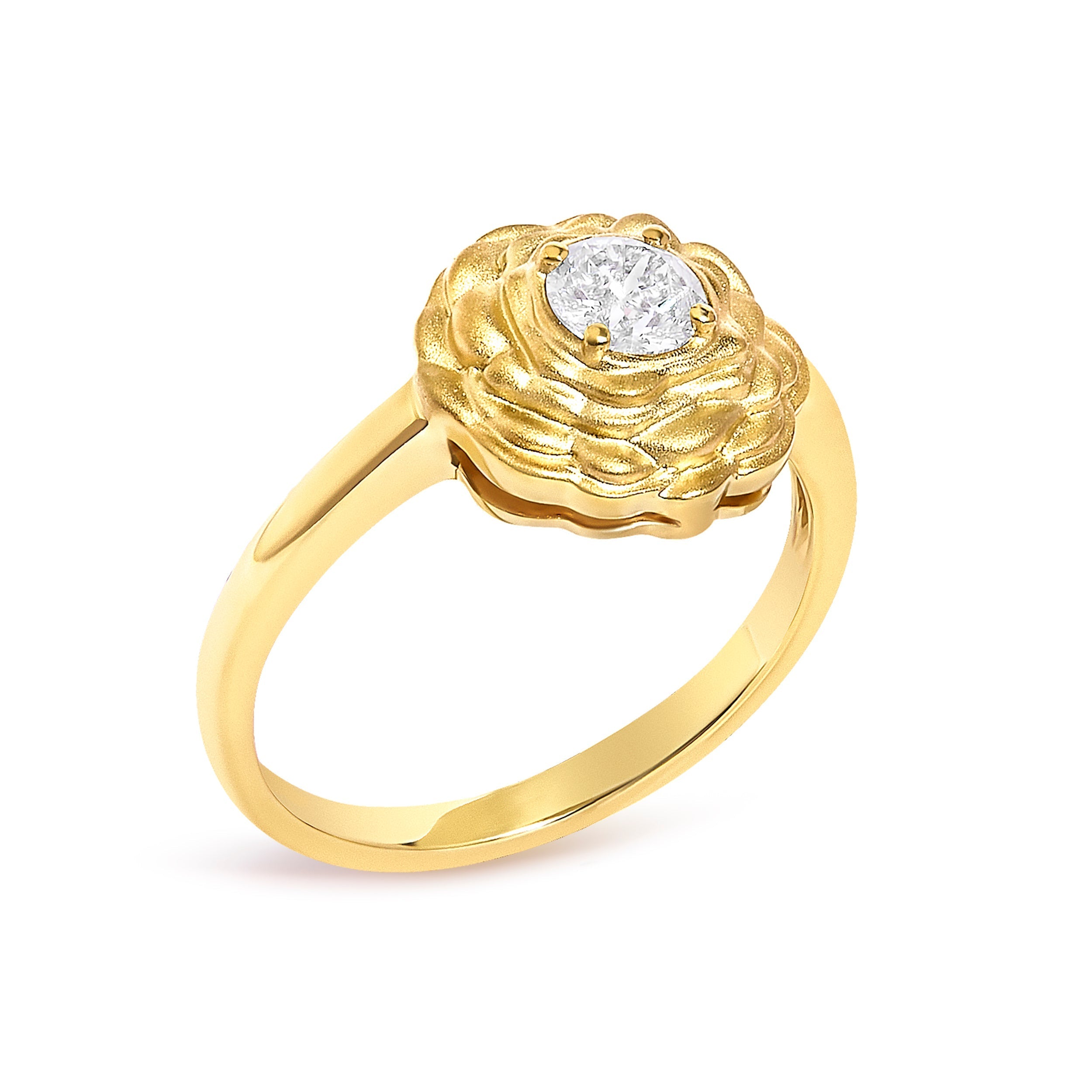 14K Yellow Gold Plated Sterling Silver 1/3 Cttw Lab Grown Diamond Floral Motif Solitaire Ring DestGlow