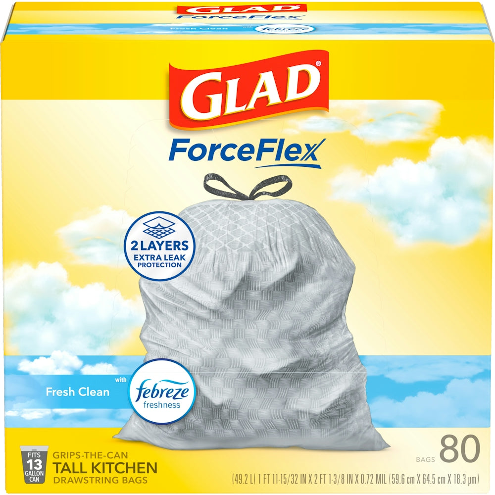 Glad ForceFlex Kitchen Drawstring Trash Bags, 13 Gal, Fresh Clean Scent, 24" X 27.38", White, 80 Bags/Box, 3 Boxes/Carton CLO78899 by Pasteur Pharmacy