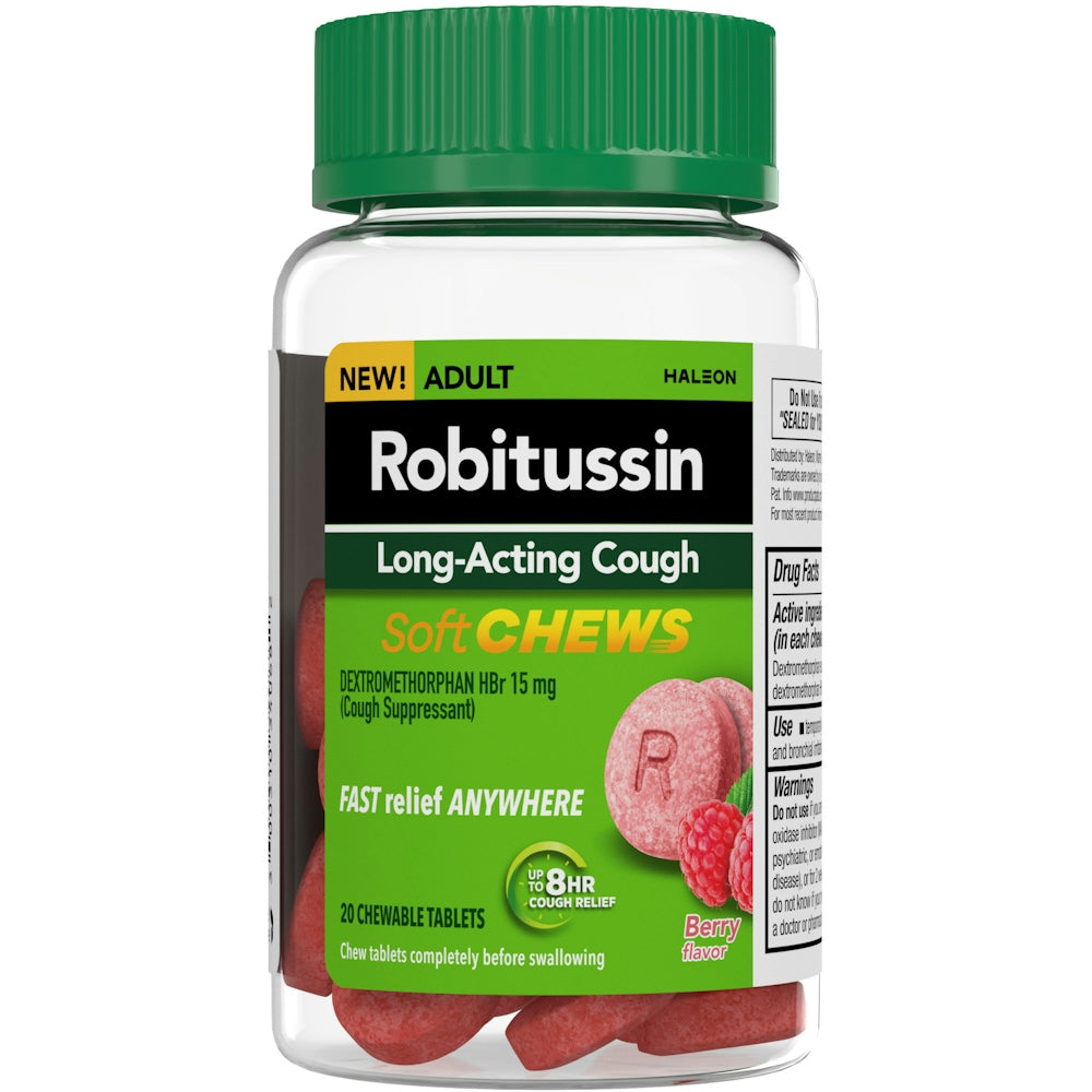 Robitussin Long Acting Cough, Adult, 15 Mg, Chewable Tablets, Berry Flavor by Pasteur Pharmacy