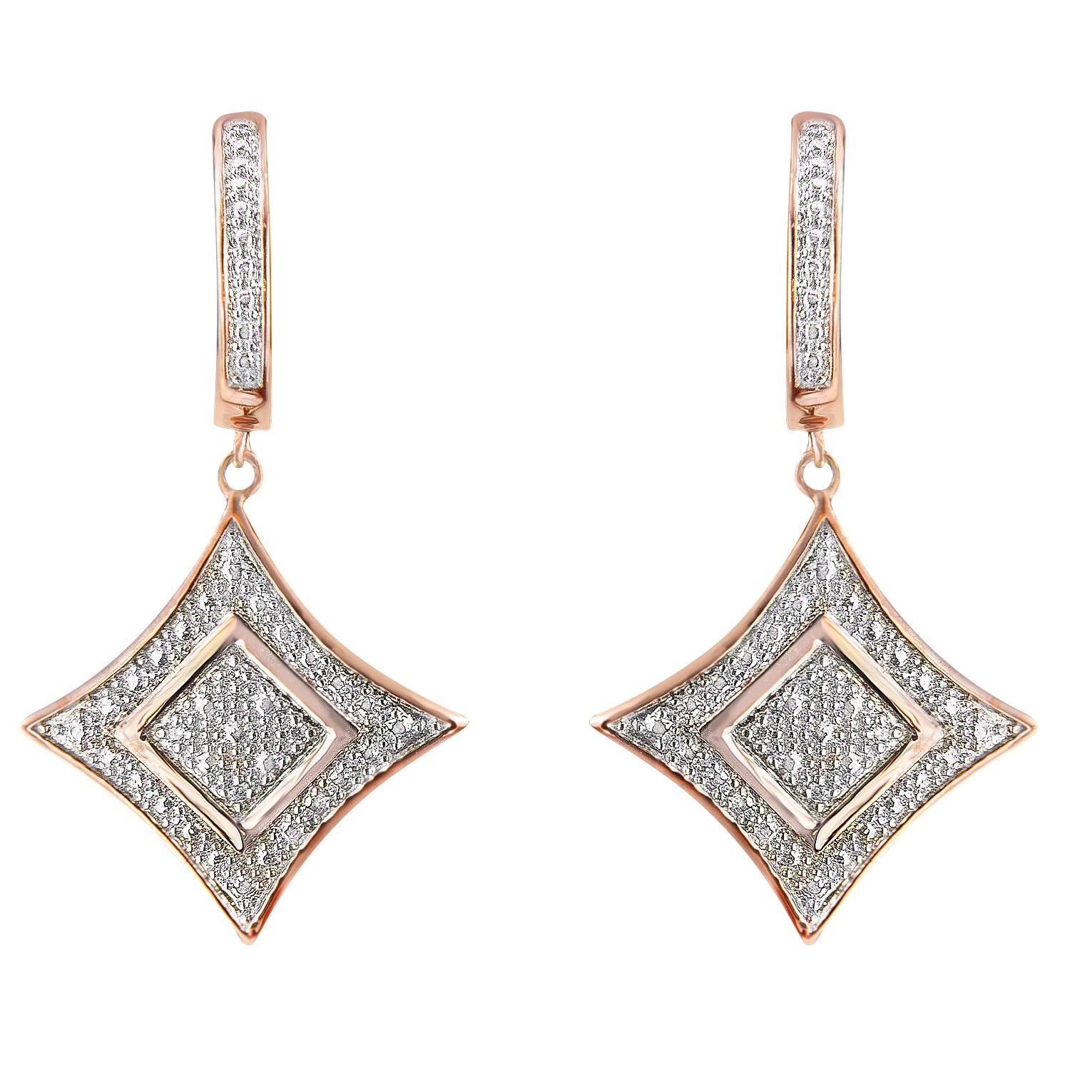 10K Rose Gold Plated Sterling Silver Round Cut Diamond Cushion Dangle Earrings (0.04 cttw, H-I Color, I2-I3 Clarity) by Bids.com