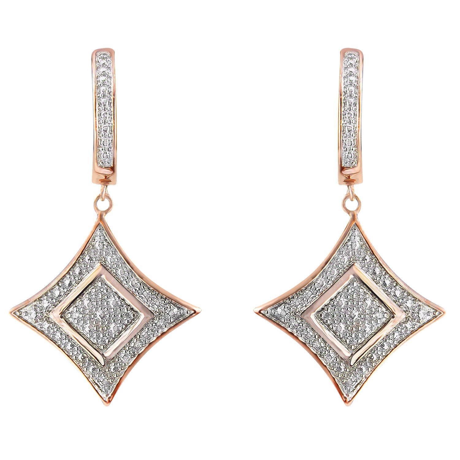 10K Rose Gold Plated Sterling Silver Round Cut Diamond Cushion Dangle Earrings (0.04 cttw, H-I Color, I2-I3 Clarity)