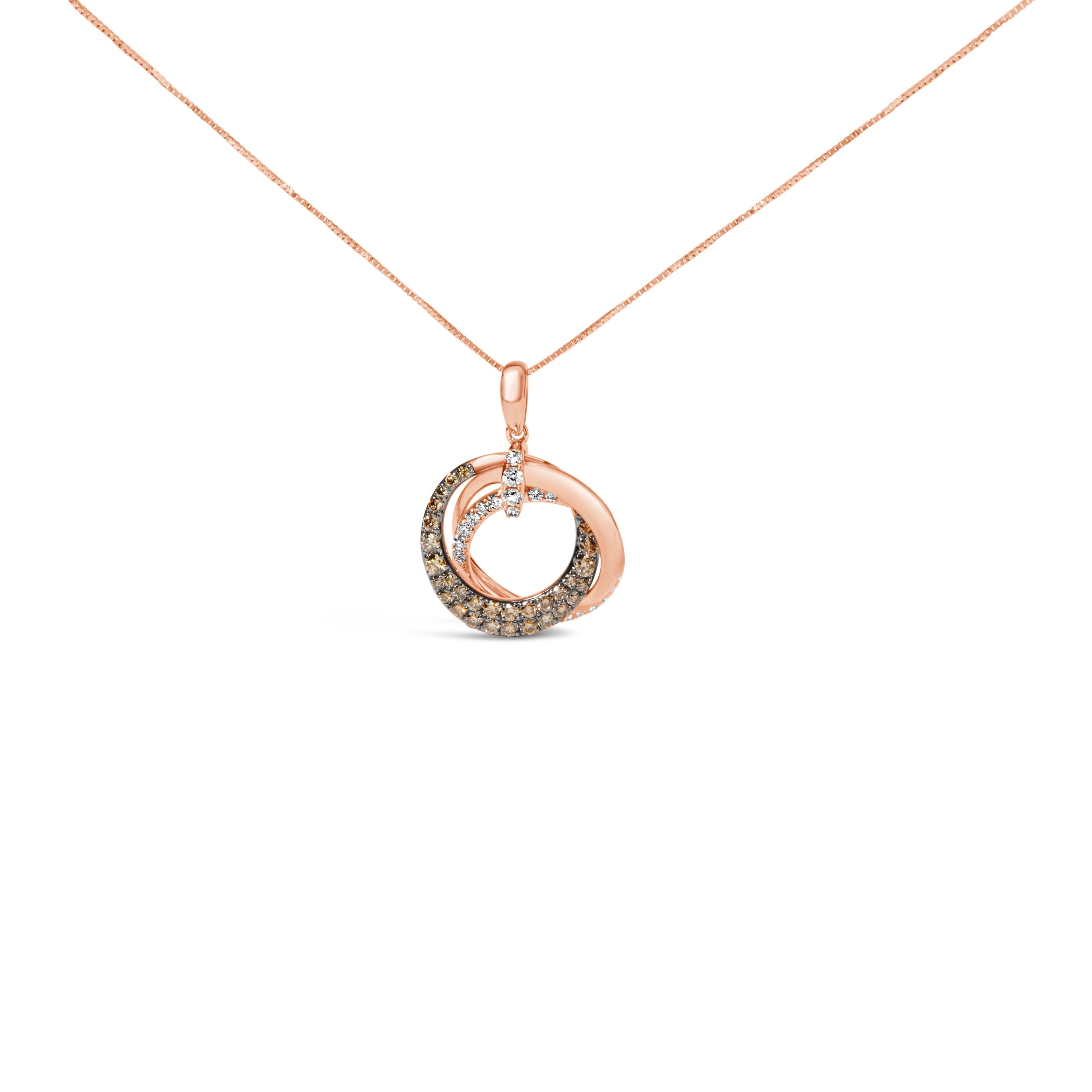 14K Rose Gold 3/4 Cttw Brown and White Diamond Interlocking Circle Hoop 18" Inch Pendant Necklace (G-H Color, SI2-I1 Clarity) DestGlow