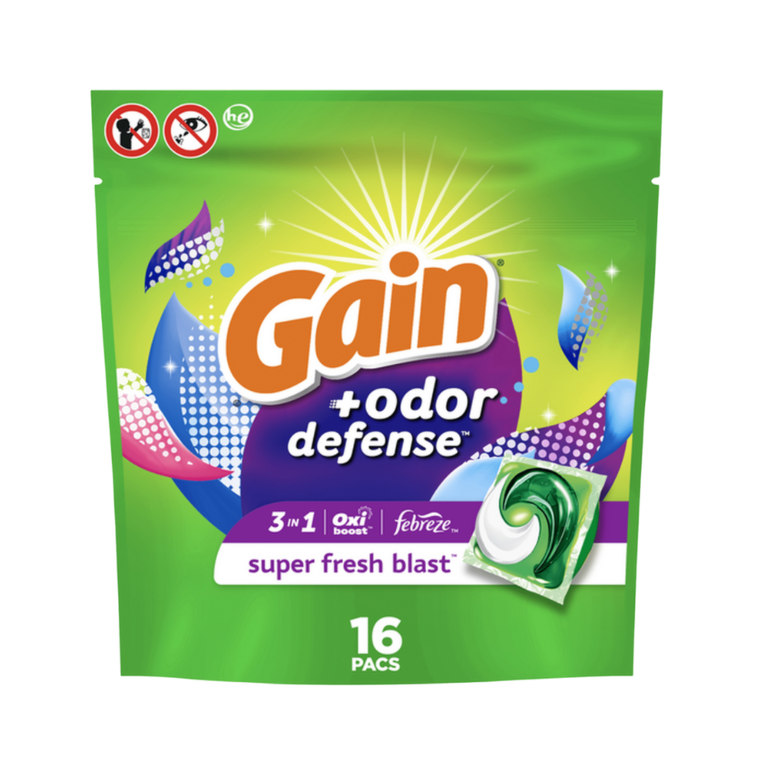 Gain Flings! + Odor Defense Laundry Detergent Pacs Super Fresh Blast (16 Count) by Farmacias Savia