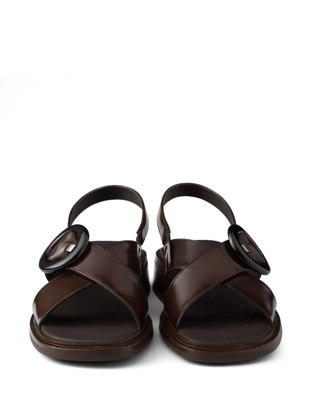 Prada Women Brushed Leather Crisscross Band Sandals With Plexiglas Buckle by Luosophy