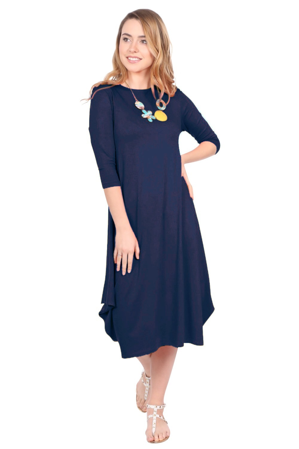 Flowing Midi Dress with 3/4 Sleeves and Dramatic Drape by Kosher Casual USA