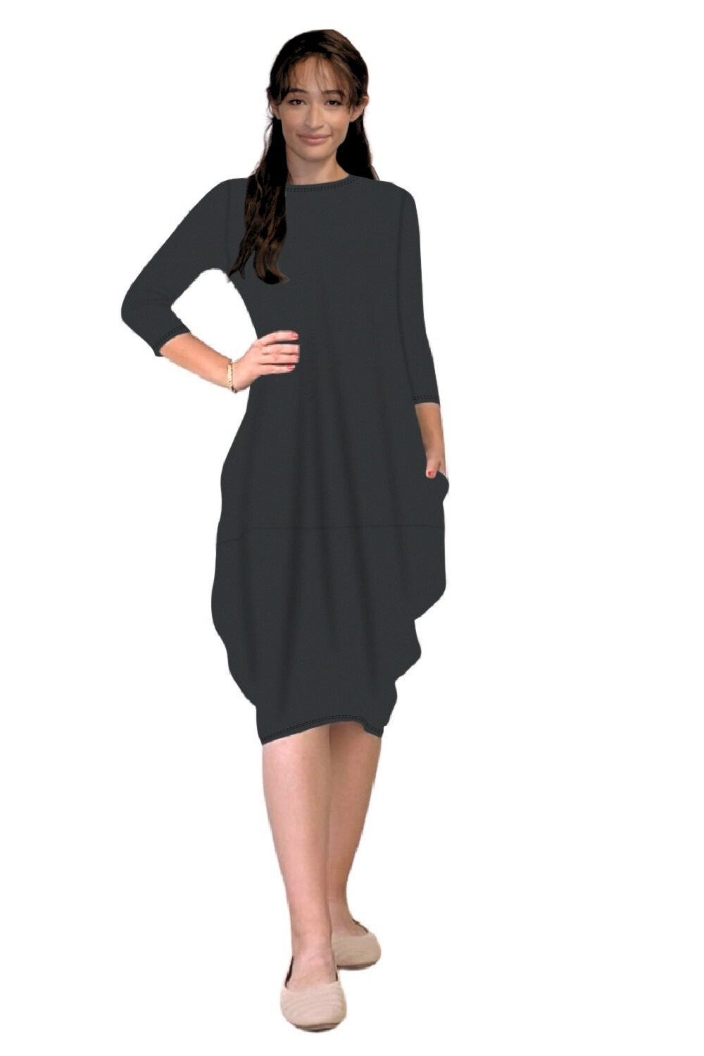 3/4 Sleeve Tulip Cocoon Dress - Mid-Calf Length with Pockets by Kosher Casual USA
